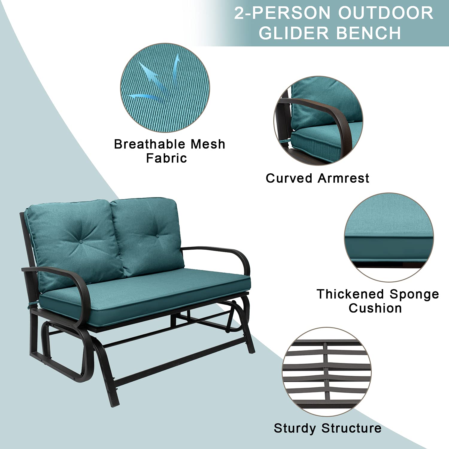 Patio Glider Swing Bench Loveseat - 2-Person Outdoor Metal Rocking Chair with Steel Frame & Thickened Cushions (Peacock Blue) - Perfect for Backyard, Garden, Deck Relaxation