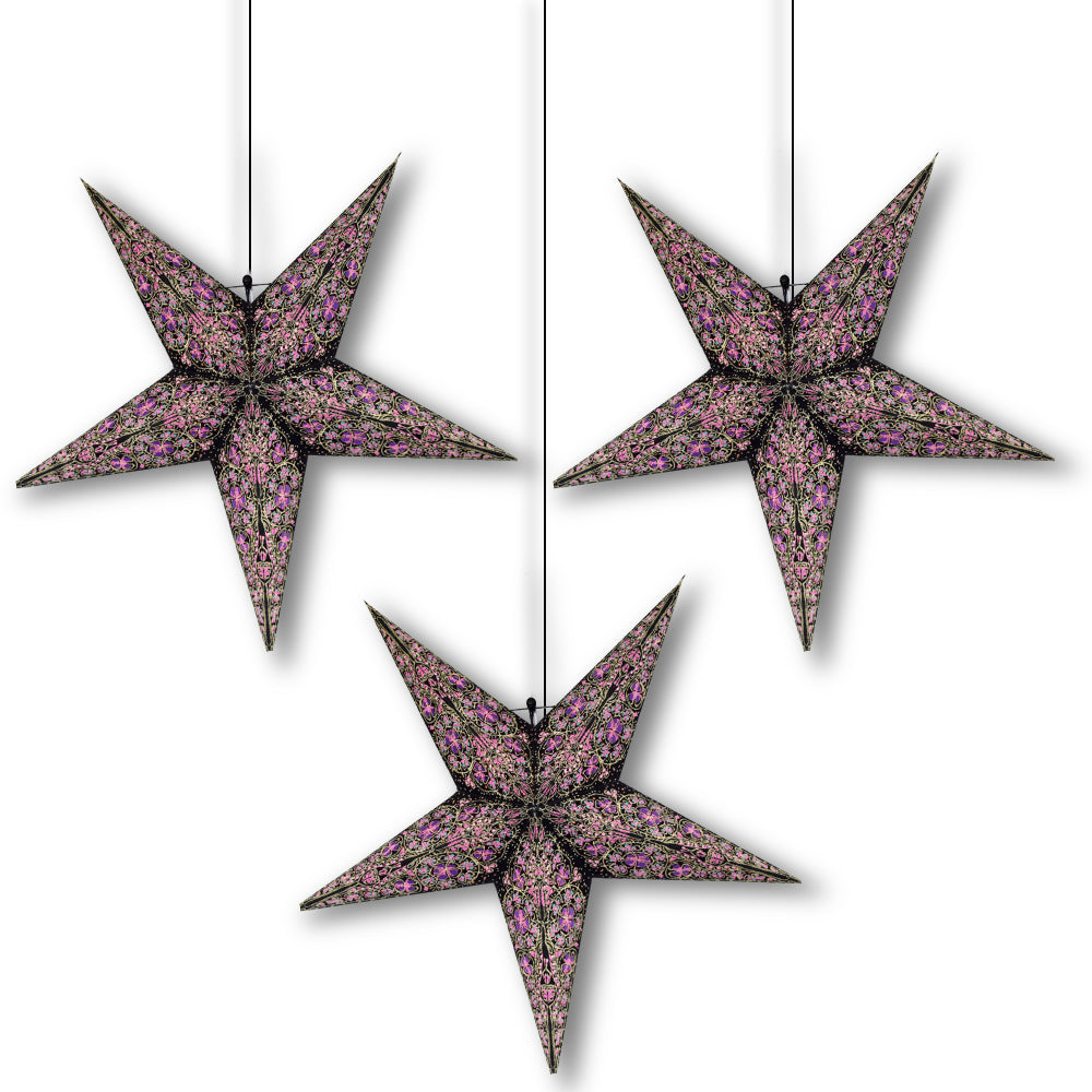 3 Pack 24 Inch Purple Garden Paper Star Lanterns with LED Bulbs & Lamp Cord - Outdoor Party Decor, Wedding Lighting, Patio Hanging Lights for Backyard, Garden, and Festive Celebrations