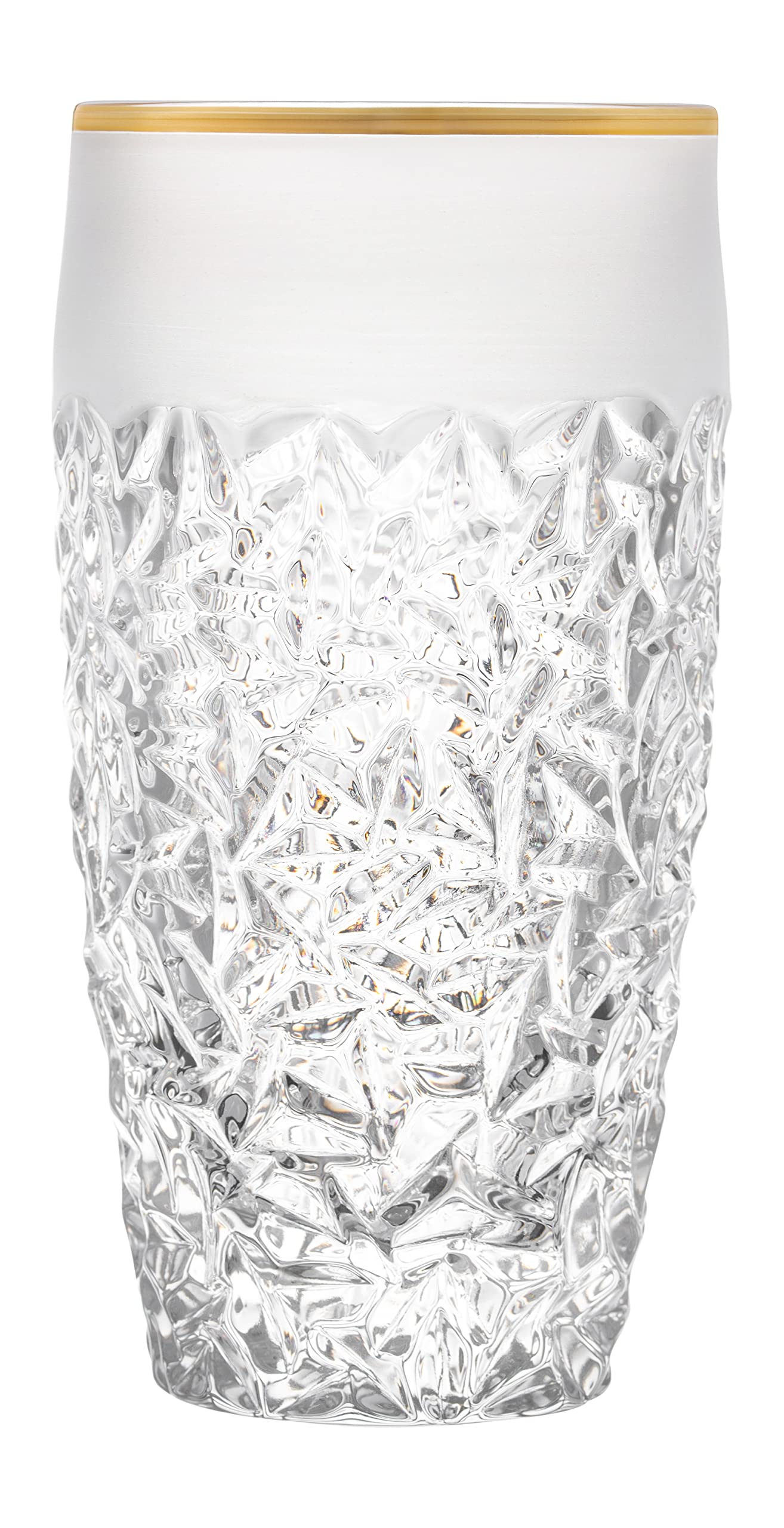 Premium European Crystal Glass Set of 6 - 16 oz Highball Tumblers with Elegant Raindrop Design, Frosted Border & Gold Rim - Made in Europe - Perfect for Cocktails, Iced Coffee & Home Bar Decor