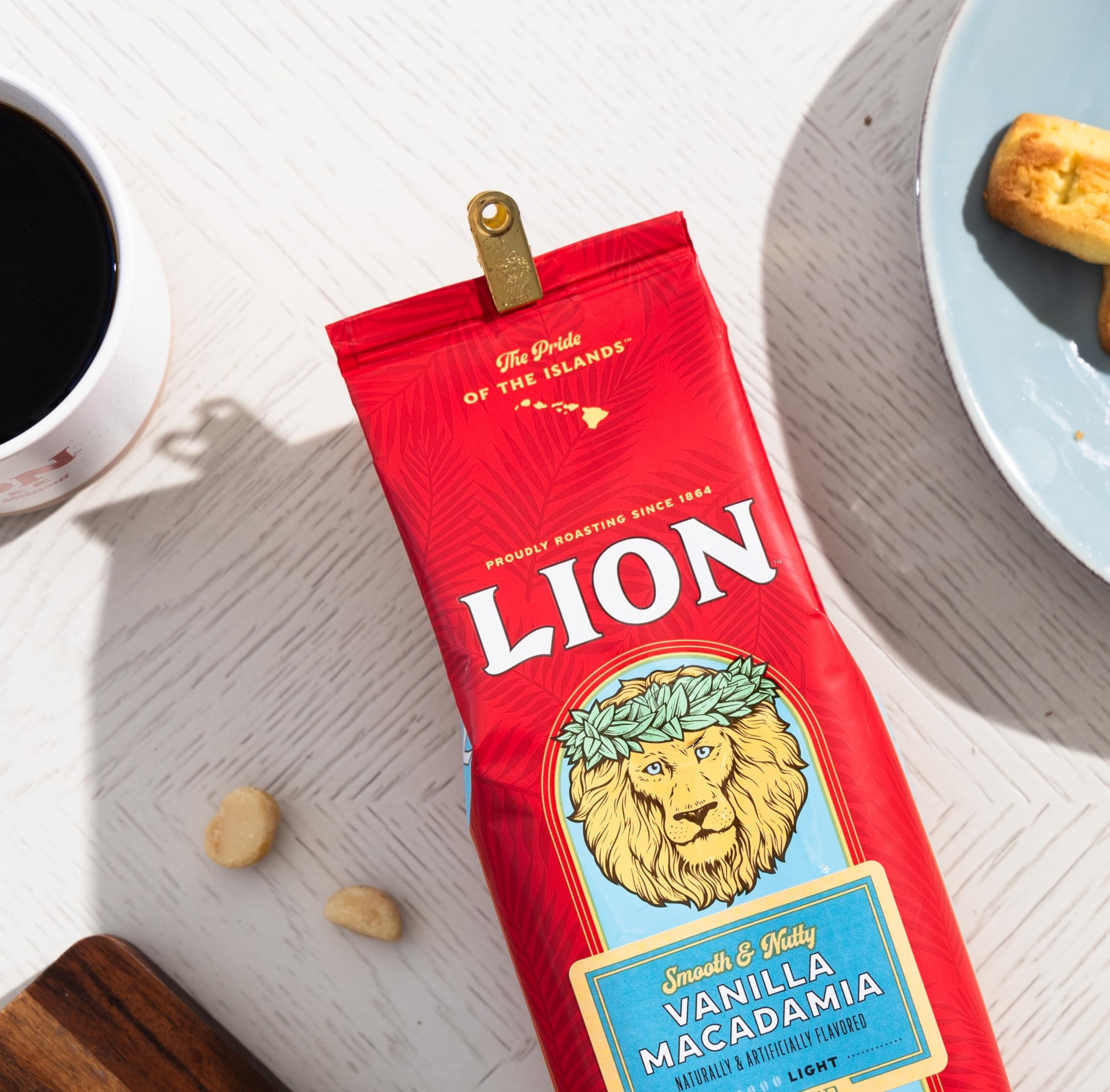 Premium Arabica Light Roast Whole Bean Coffee - Lion Coffee Vanilla Macadamia Flavor, 10oz Bag | Hawaiian-Inspired Gourmet Coffee for Home Brewing, Office Use & Gifts