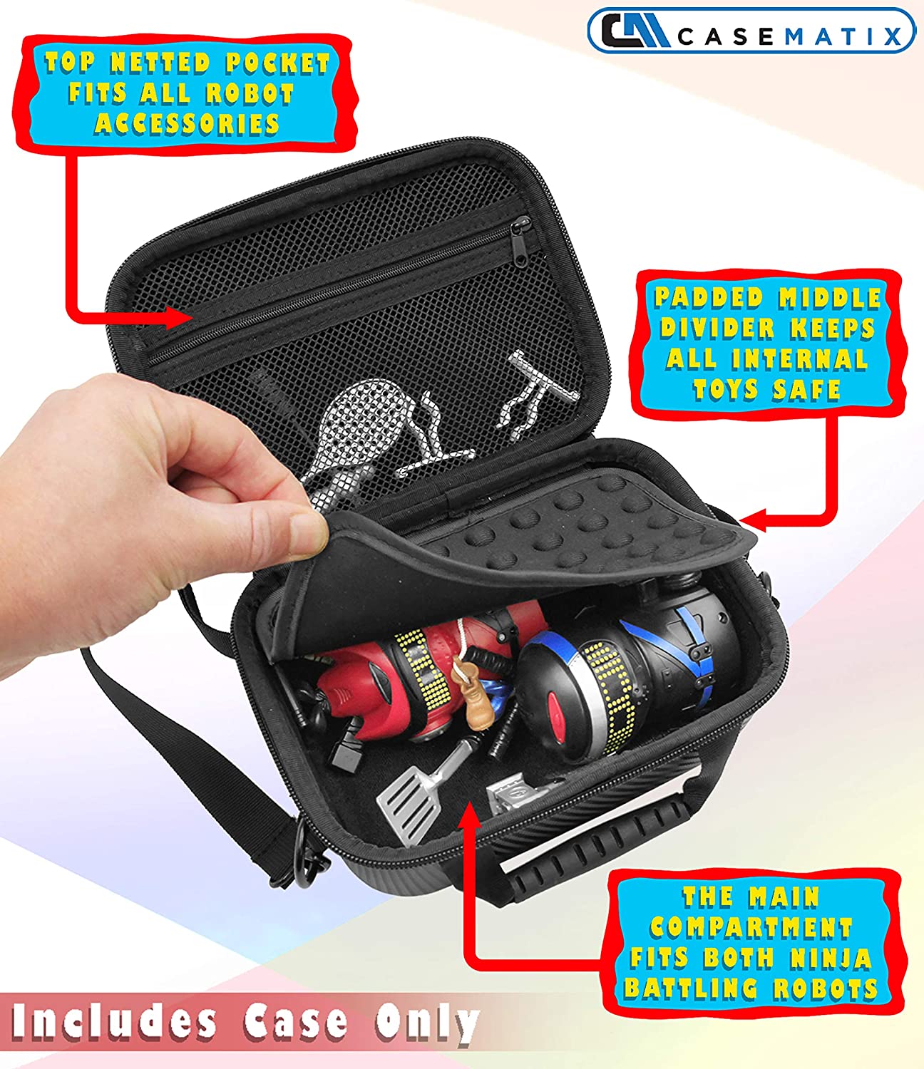 CASEMATIX Robot Toy Storage Case with Adjustable Shoulder Strap - Compatible with Ninja Bots Interactive Battle Robots & Accessories - Perfect for Travel, Playdates & Toy Organization
