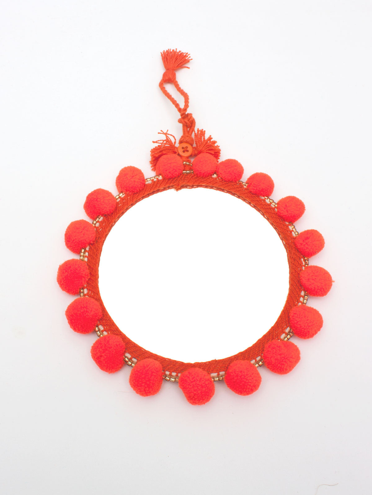 Orange Pom Pom Wall Mirror - Boho Home Decor for Bedroom, Living Room & Nursery - Handmade Decorative Mirror with Tassels