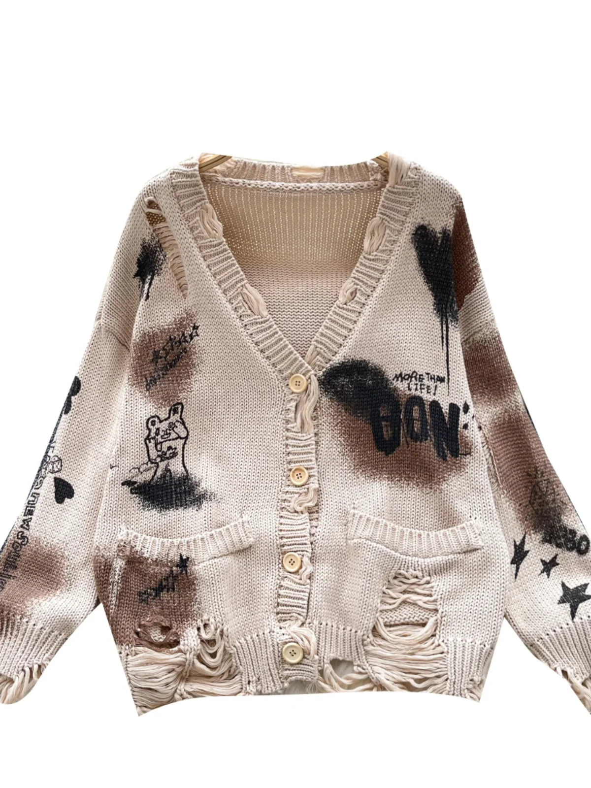 Women's Beige Graffiti Print Long Sleeve Cardigan Sweater - Korean Style Loose Knit Button Up Top for Autumn Winter Fashion | Casual Outfit, Office Wear, Coffee Date & Street Style