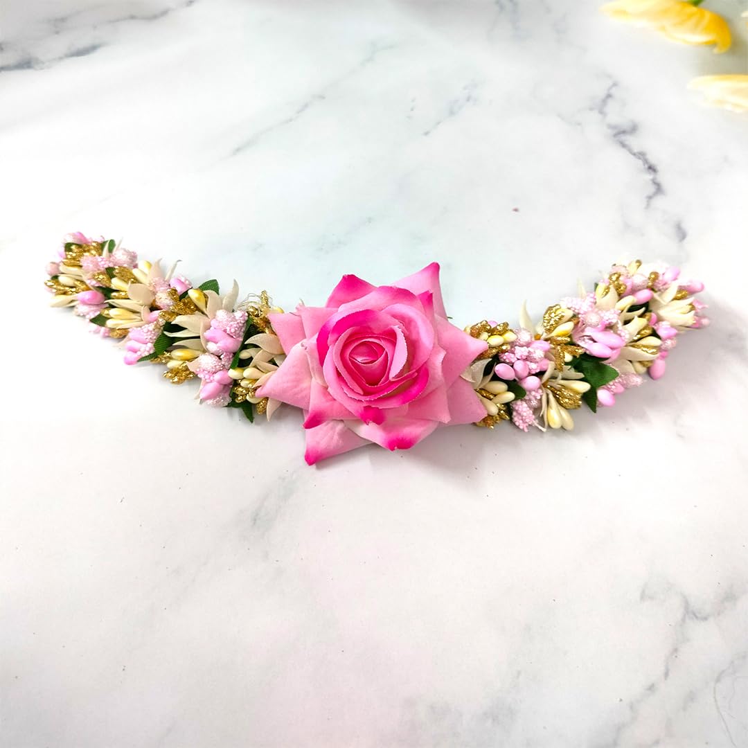 Rose Flower Hair Pin with Leaf Pollens & Pearl Design - Elegant Hair Veil/Side Juda Decoration for Women & Girls (Baby Pink) | Perfect for Weddings, Parties & Special Occasions