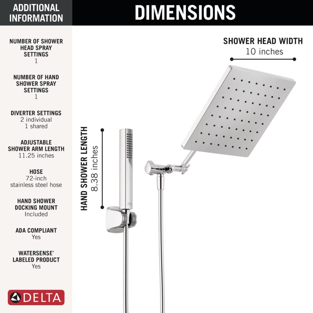 Delta Faucet 10-inch Raincan Shower Head & Handheld Shower Combo - Chrome Square Rainfall Shower Head with High Pressure 1.75 GPM Flow - Perfect for Luxurious Spa-Like Bathroom Experience