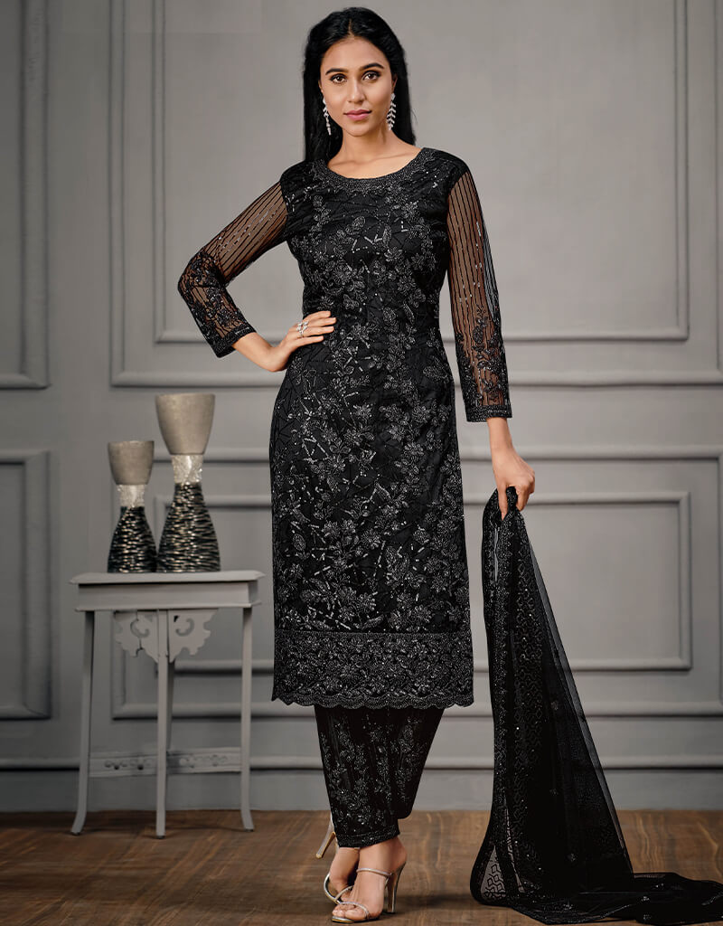 Stylish Black Soft Net Pant Salwar Suit for Women - Elegant Indian Ethnic Wear for Parties, Weddings & Festive Occasions