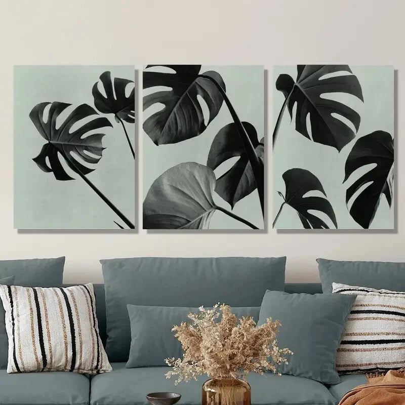 3-Piece Black & White Botanical Scandinavian Metal Wall Art Prints - Ready to Hang - Modern Home & Office Decor for Living Room, Bedroom, Kitchen & Bathroom