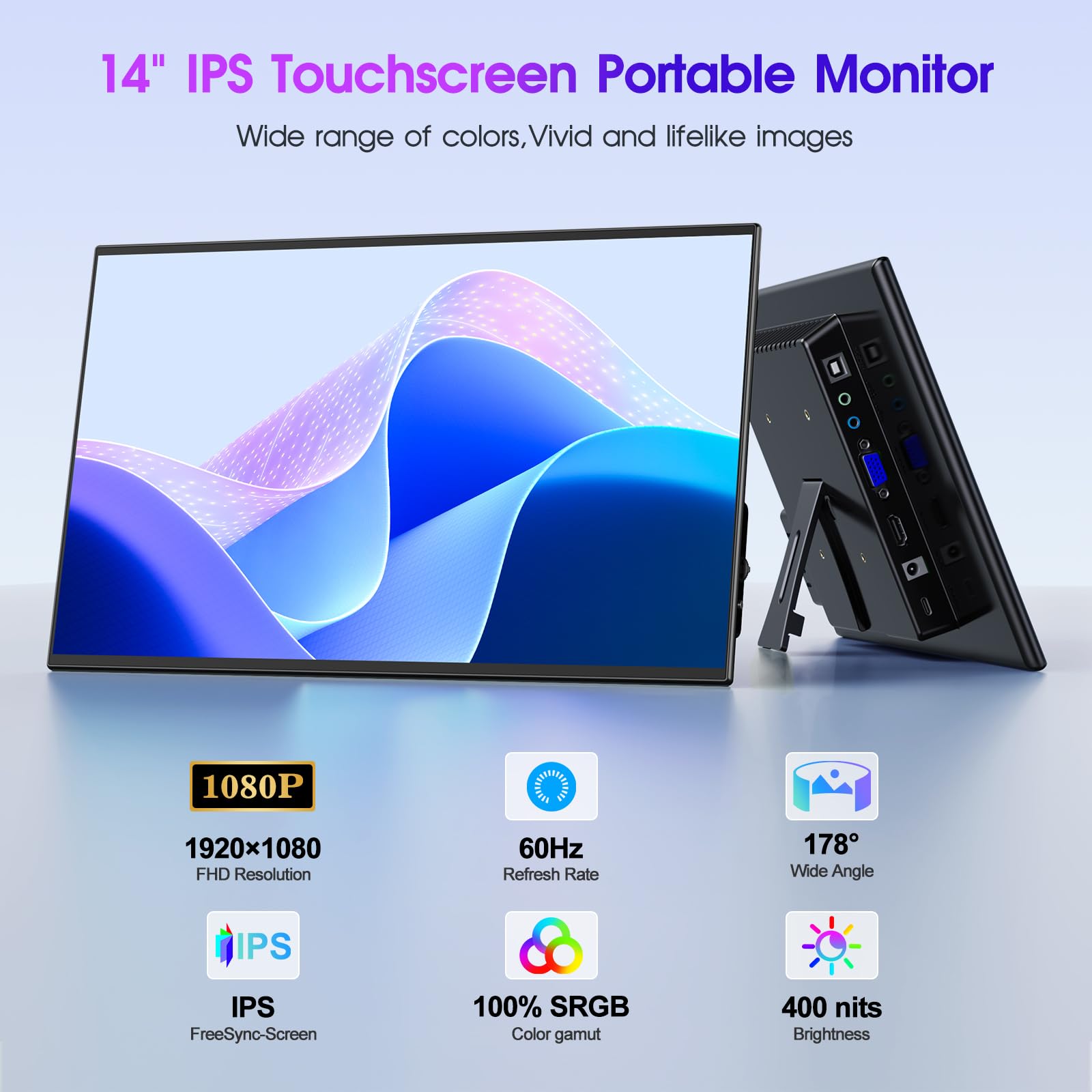 COOLHOOD 14 Inch Portable Touchscreen Monitor - 1080P IPS Display with VESA Mount, VGA/HDMI/USB-C - Compatible with Laptop, PC, Phone, PS5, Nintendo Switch - Perfect for Gaming, Office Work & Industrial Use