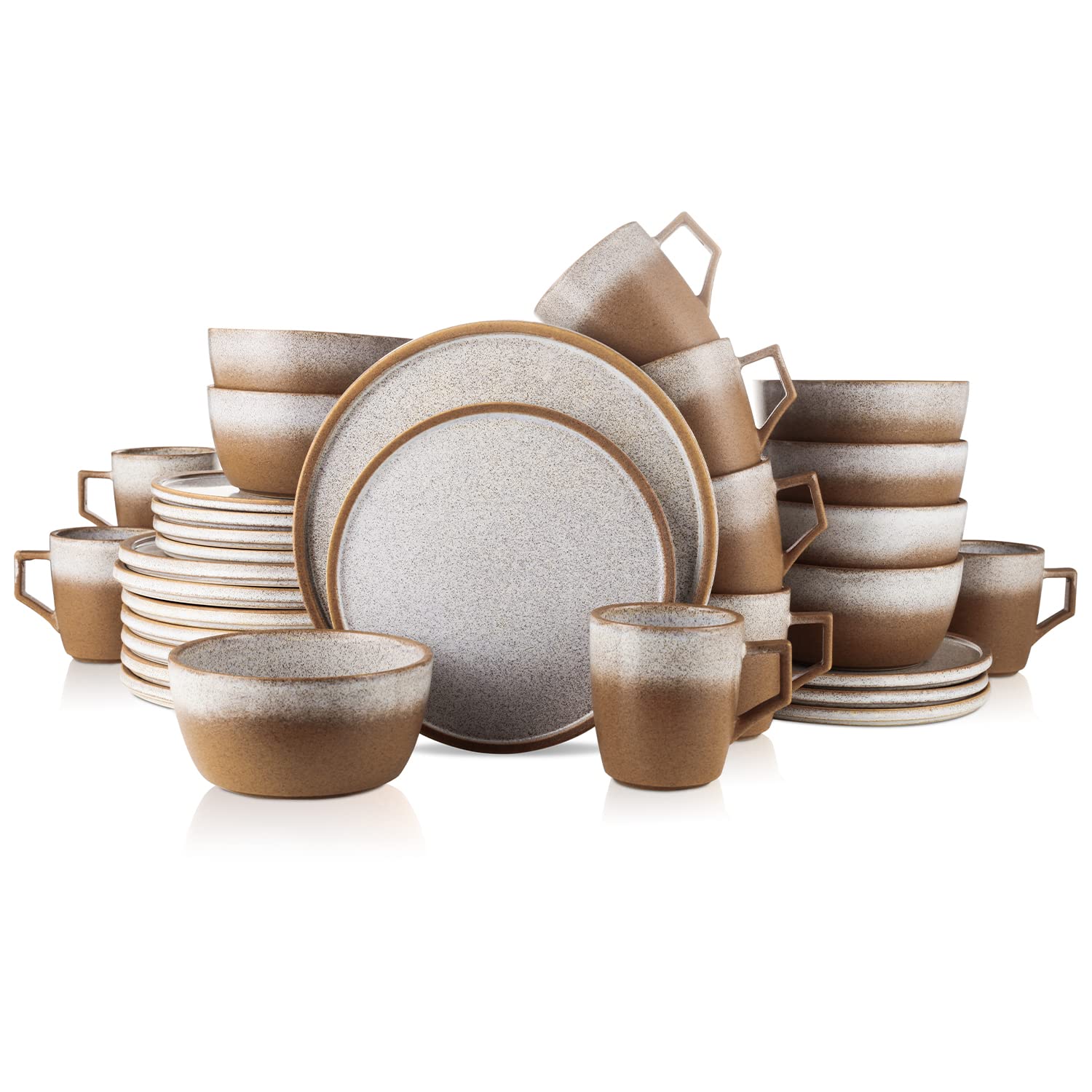 32-Piece Stoneware Dinnerware Set for 8 - Reactive Glaze Stone Lain in Vince Brown | Elegant Tableware for Dinner Parties, Restaurants & Everyday Use