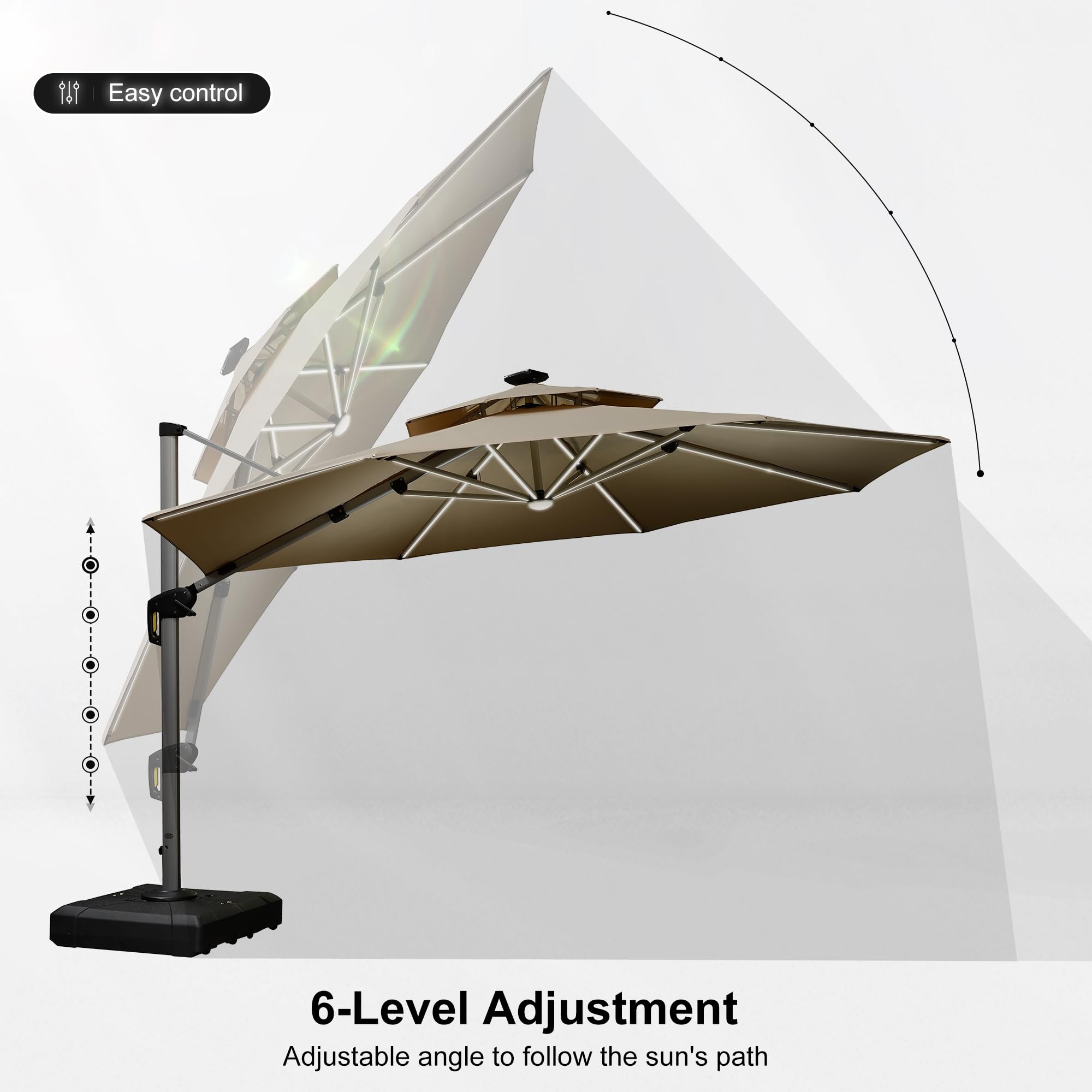 PURPLE LEAF 12ft Solar Powered LED Patio Umbrella - Large Windproof Cantilever Outdoor Umbrella with Bright LED Lights, Heavy Duty Sun Shade for Garden, Deck, Pool & Backyard (Beige) | Perfect for Outdoor Dining, Lounging and Summer Entertaining