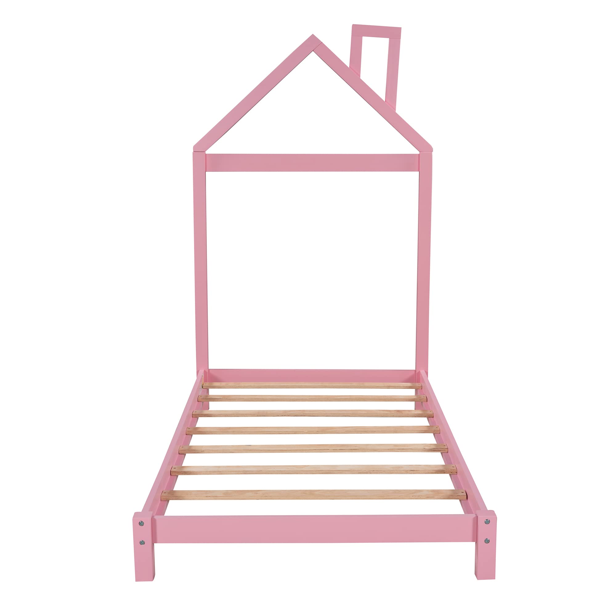 Twin Size Wood Platform Bed Frame with House Shaped Headboard - No Box Spring Needed, Pink - Perfect for Kids Rooms, Guest Bedrooms & Small Spaces