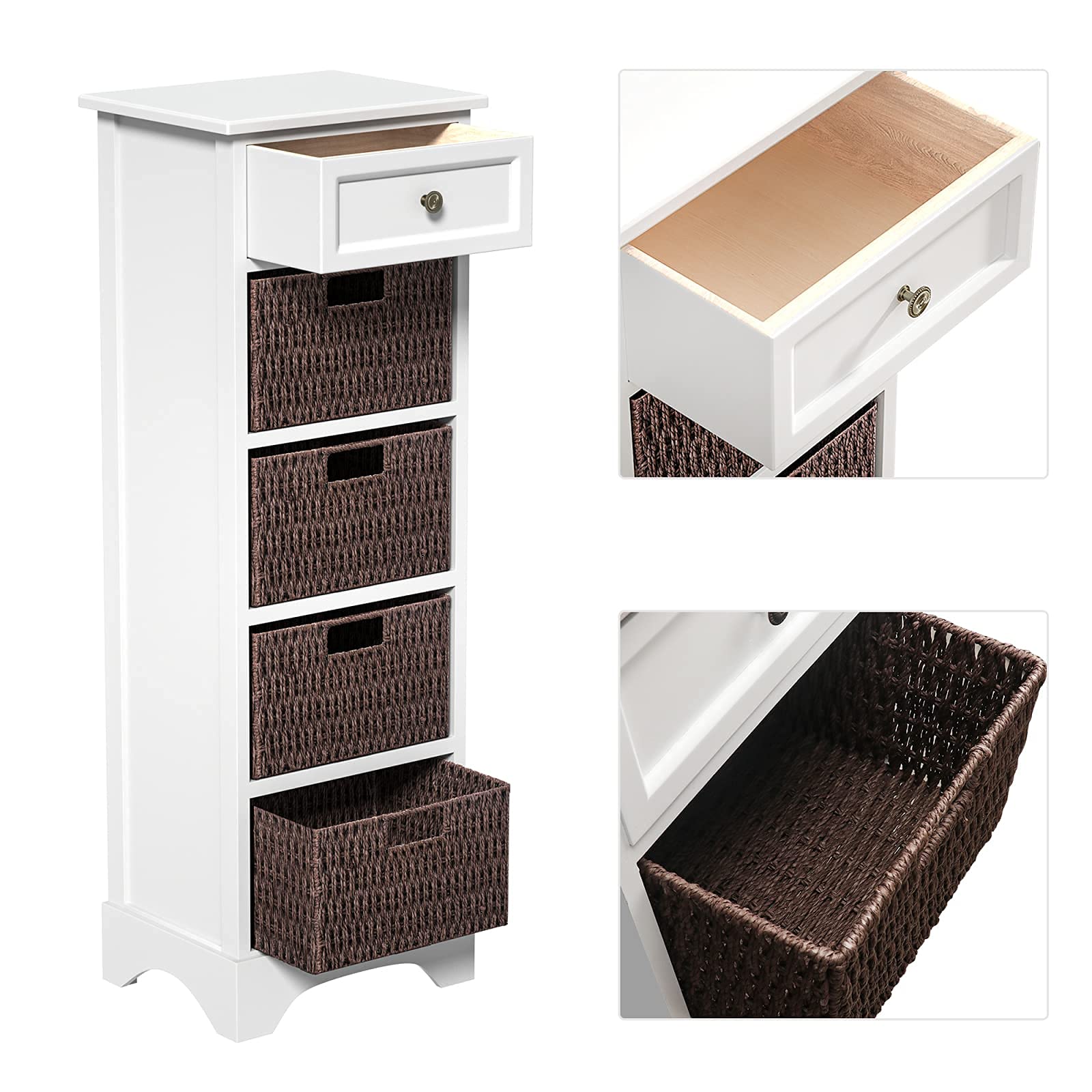Distressed Farmhouse Accent Cabinet with 1 Drawer & 4 Wicker Baskets - Modern Storage Cabinet for Entryway, Kitchen, Dining Room & Bedroom - Rustic Wardrobe with Woven Storage Baskets for Home Organization
