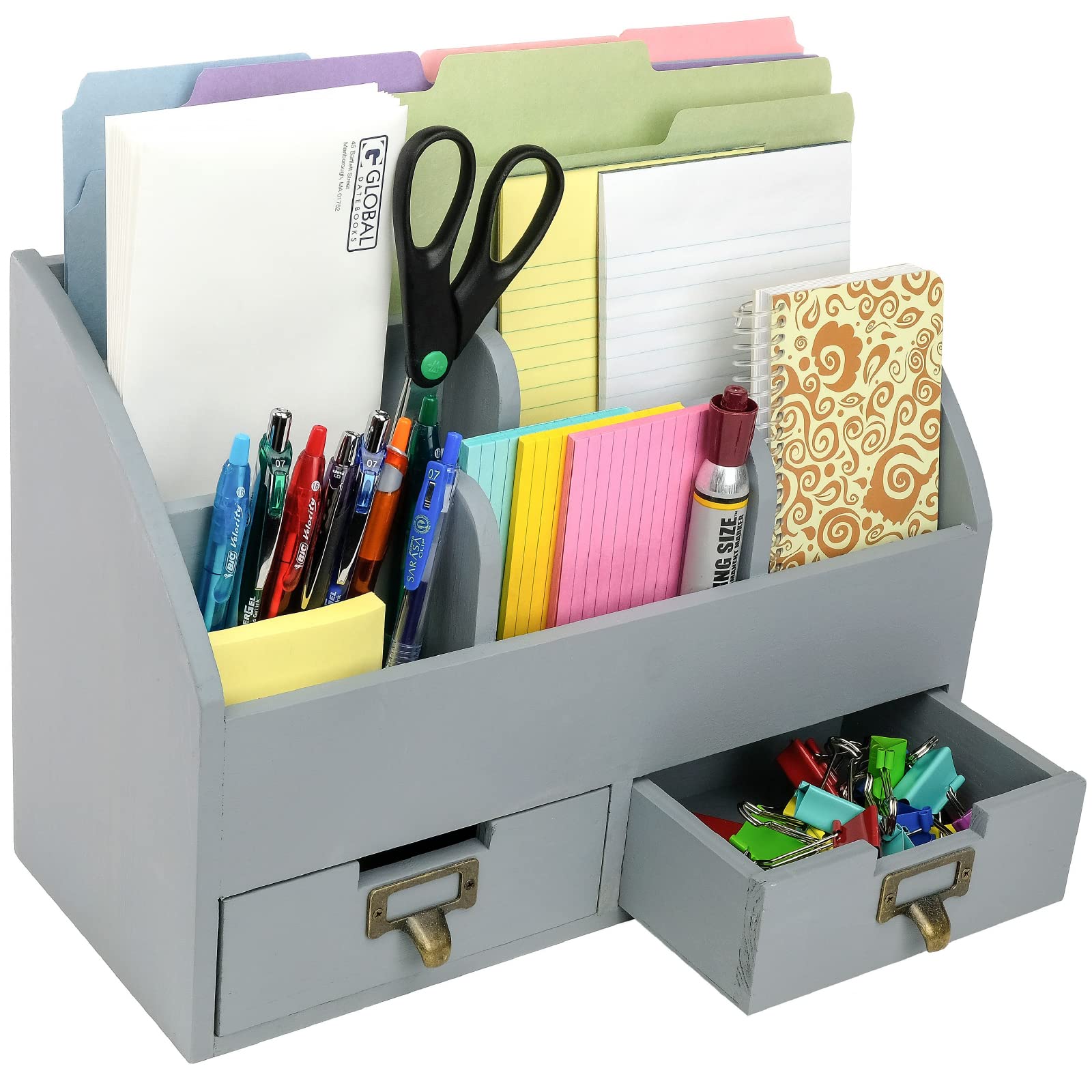Wooden Desk Organizer with 6 Compartments & 2 Drawers - Solid Gray Office Supplies Storage for Pens, Files, and Stationery - Perfect for Home Office and Workspace Organization
