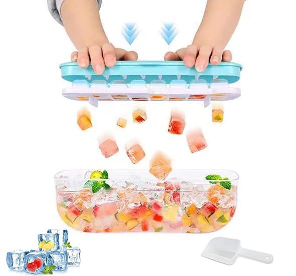 24/48 Nuggets Ice Cube Tray with Lid & Bin - 1 Second Easy Release Square Ice Mold for Whiskey & Cocktails - Includes Scoop - Perfect for Home Bars, Parties & Beverage Chilling (1-Pack, 24 Cube, Blue)