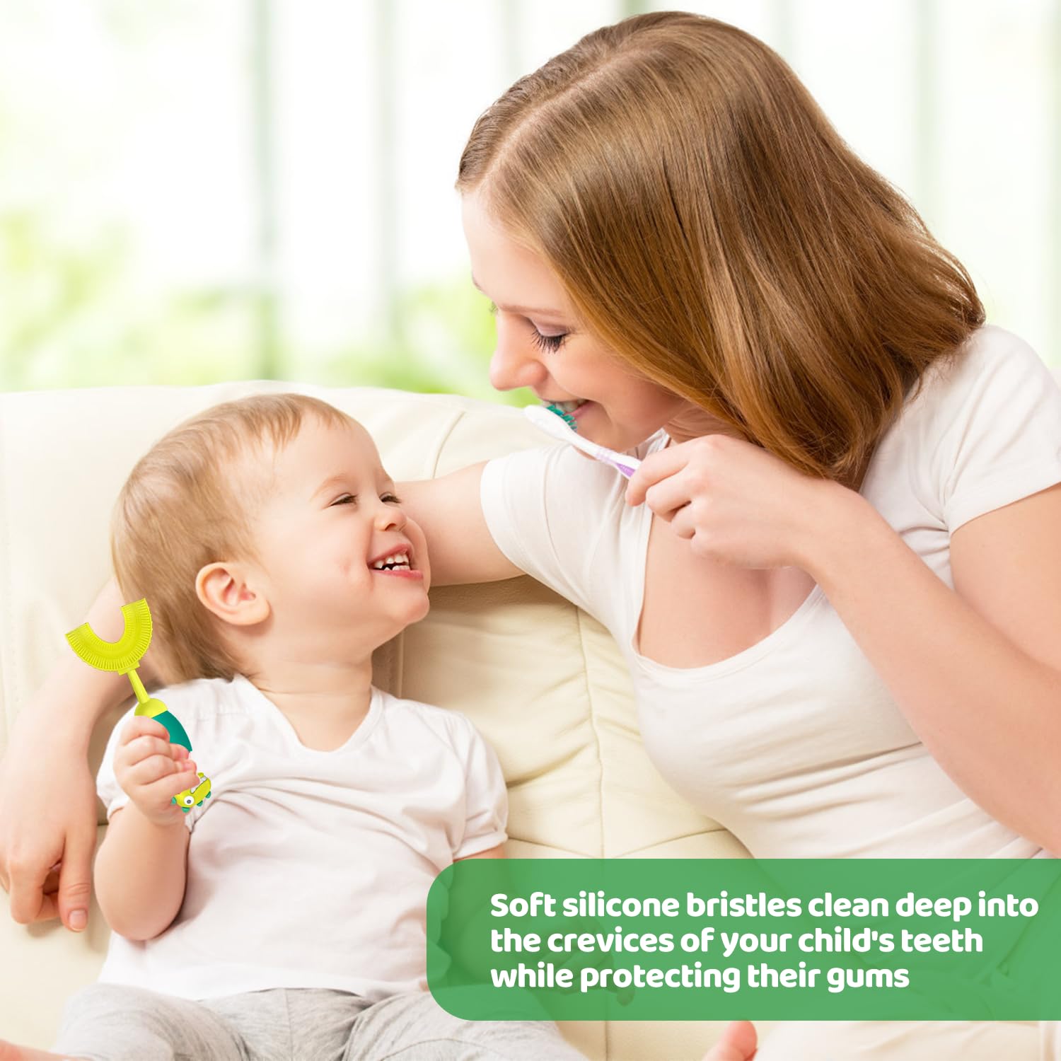 U-Shaped Toothbrush for Kids Ages 2-7 | Soft Food-Grade Silicone for Sensitive Gums | 360° Teeth Cleaning Design | Training & Travel-Friendly Toddler Toothbrush (Green) | Perfect for Home, School & Vacation Use