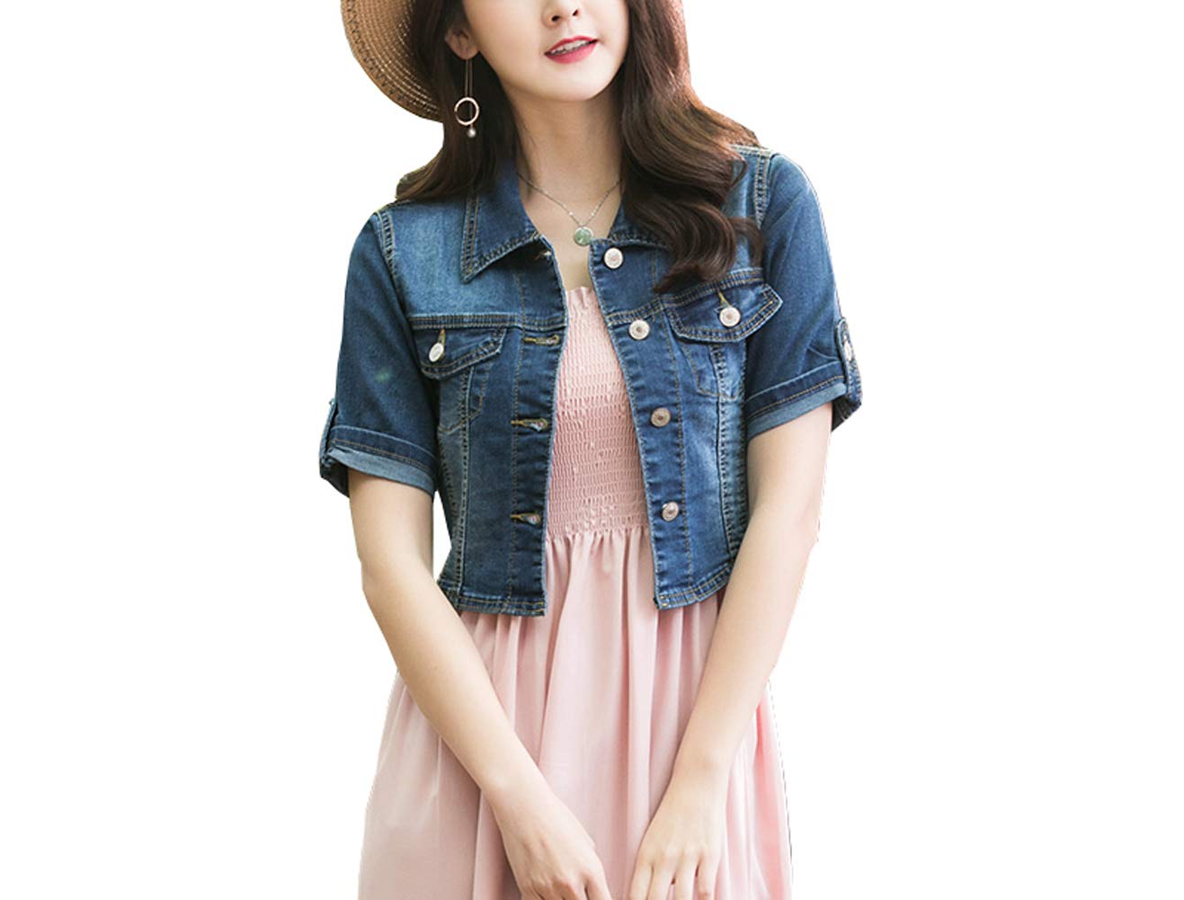 Women's Stretch Denim Jacket - Short Sleeve Button Down Jean Jacket with Shawl Collar | Casual Outfit for Spring & Summer | Perfect for Streetwear, Date Night & Outdoor Activities