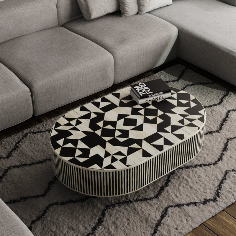 Handmade Bone Inlay Oval Coffee Table with Striped Design - Black Wooden Accent Table for Living Room, Boho Home Decor & Modern Interior Design