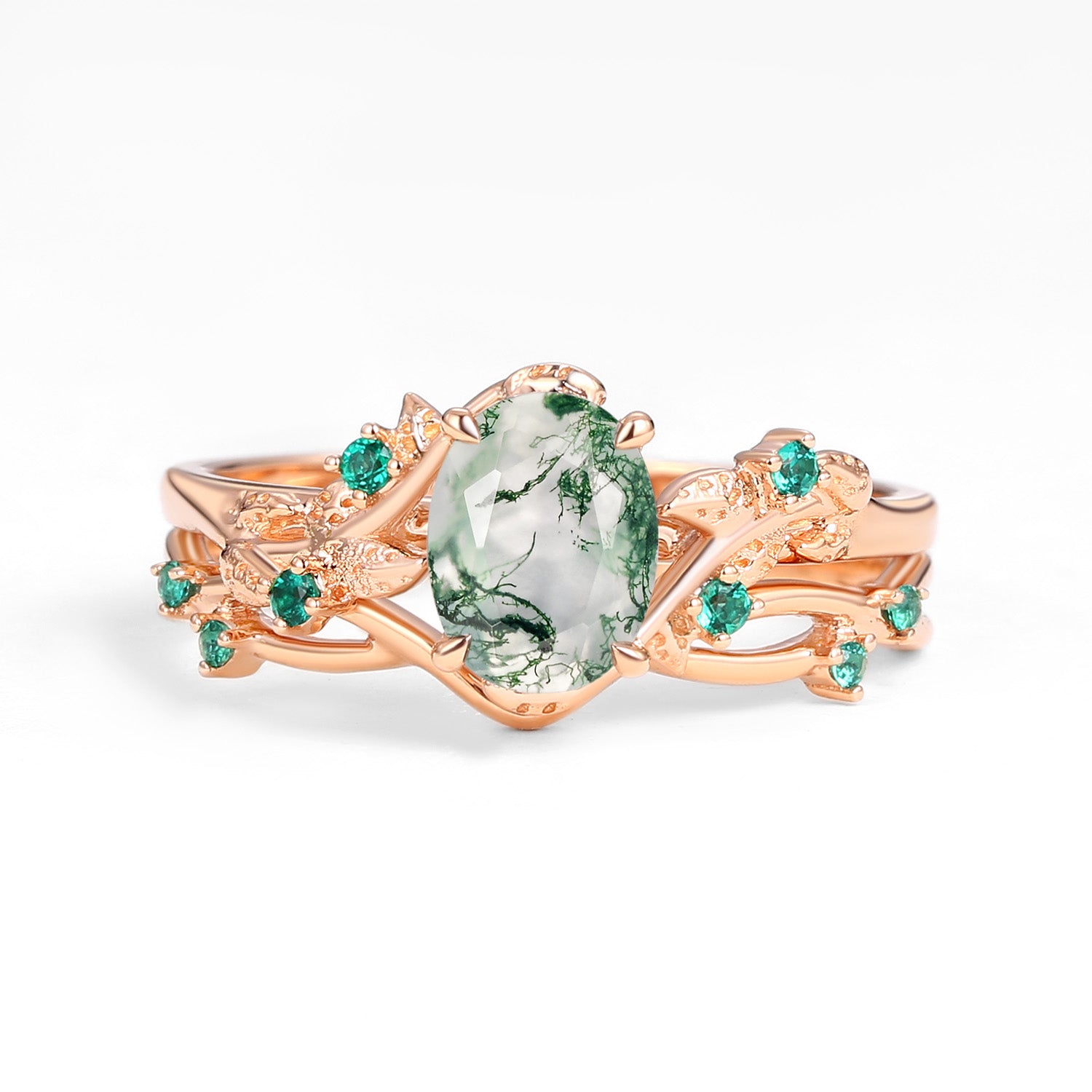 Nature Inspired Oval Cut Moss Agate Leafy Black Gold Couple Ring Set - 3 Piece Wedding Band for Women & Men - Perfect for Anniversary, Engagement & Boho Jewelry Lovers