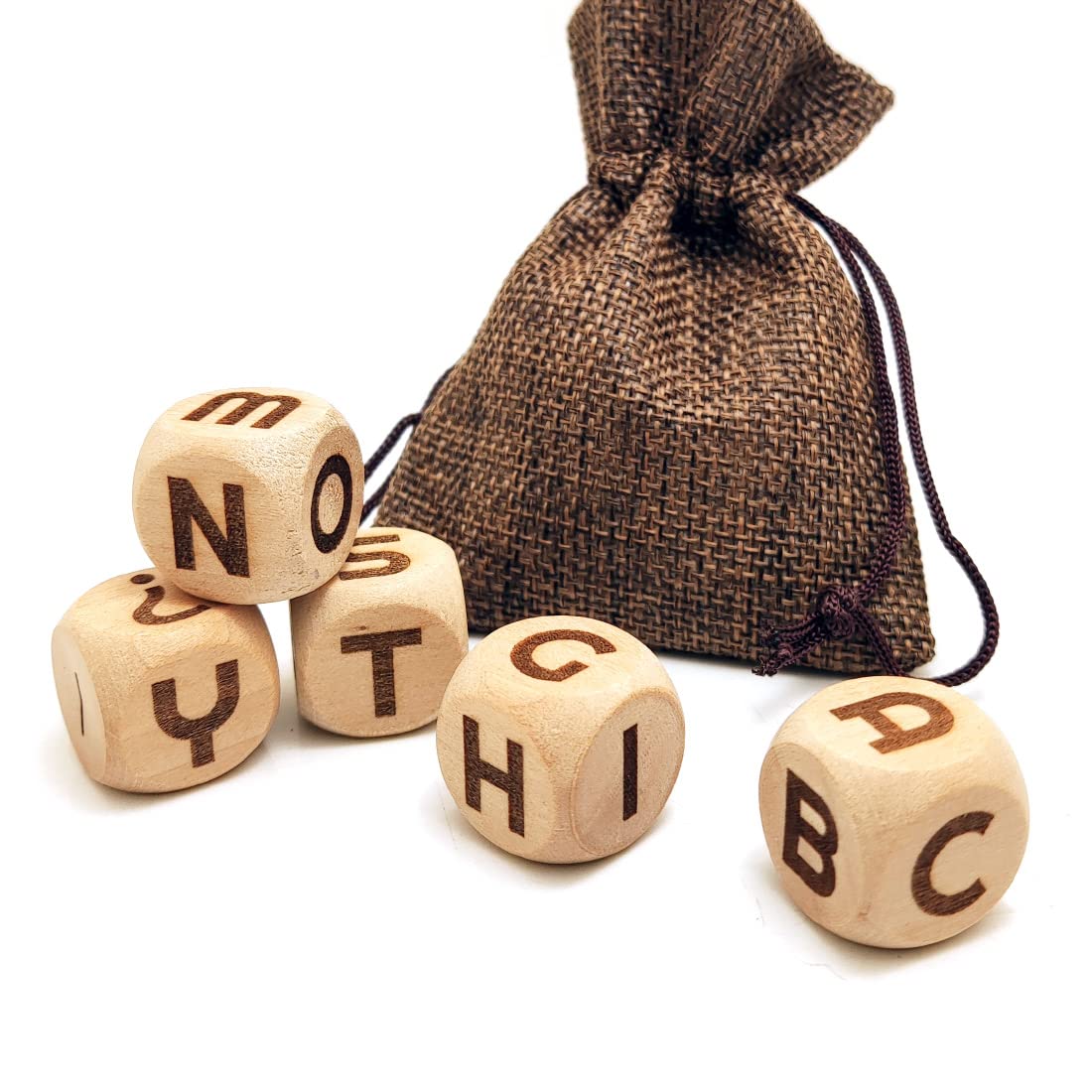20MM Creative Wooden Letter Dice Set - 5 Pieces Laser Engraved A-Z Alphabet Cubes for Board Games, Party Games & Family Game Night (Perfect for Scrabble, Word Games & Educational Activities)