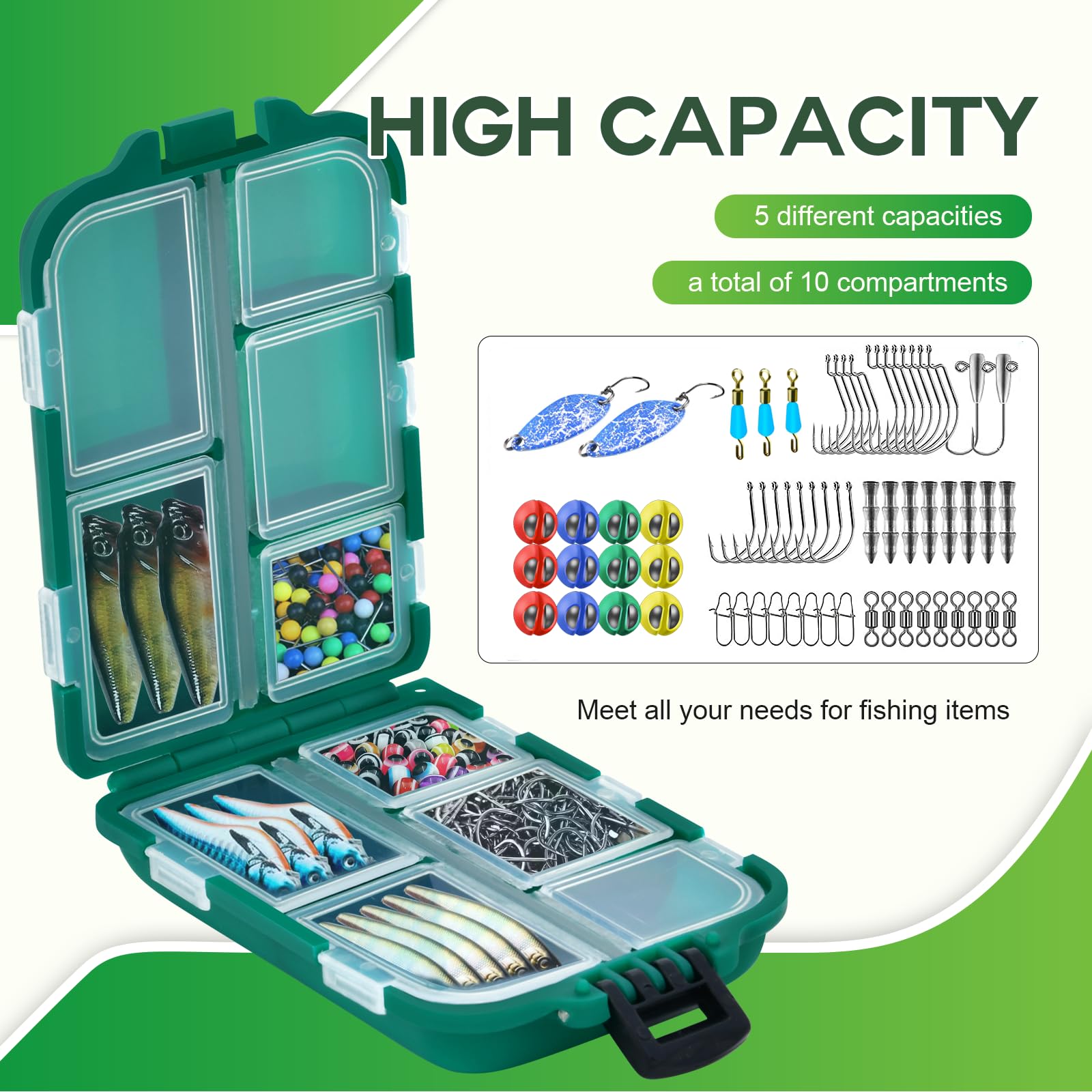 ROUDJER 2-Piece Waterproof Fishing Tackle Box Set - 10 Compartment Plastic Organizer with Transparent Lid (Black & Green) for Freshwater & Saltwater Fishing Gear Storage | Perfect for Boat, Shore, and Kayak Fishing Trips