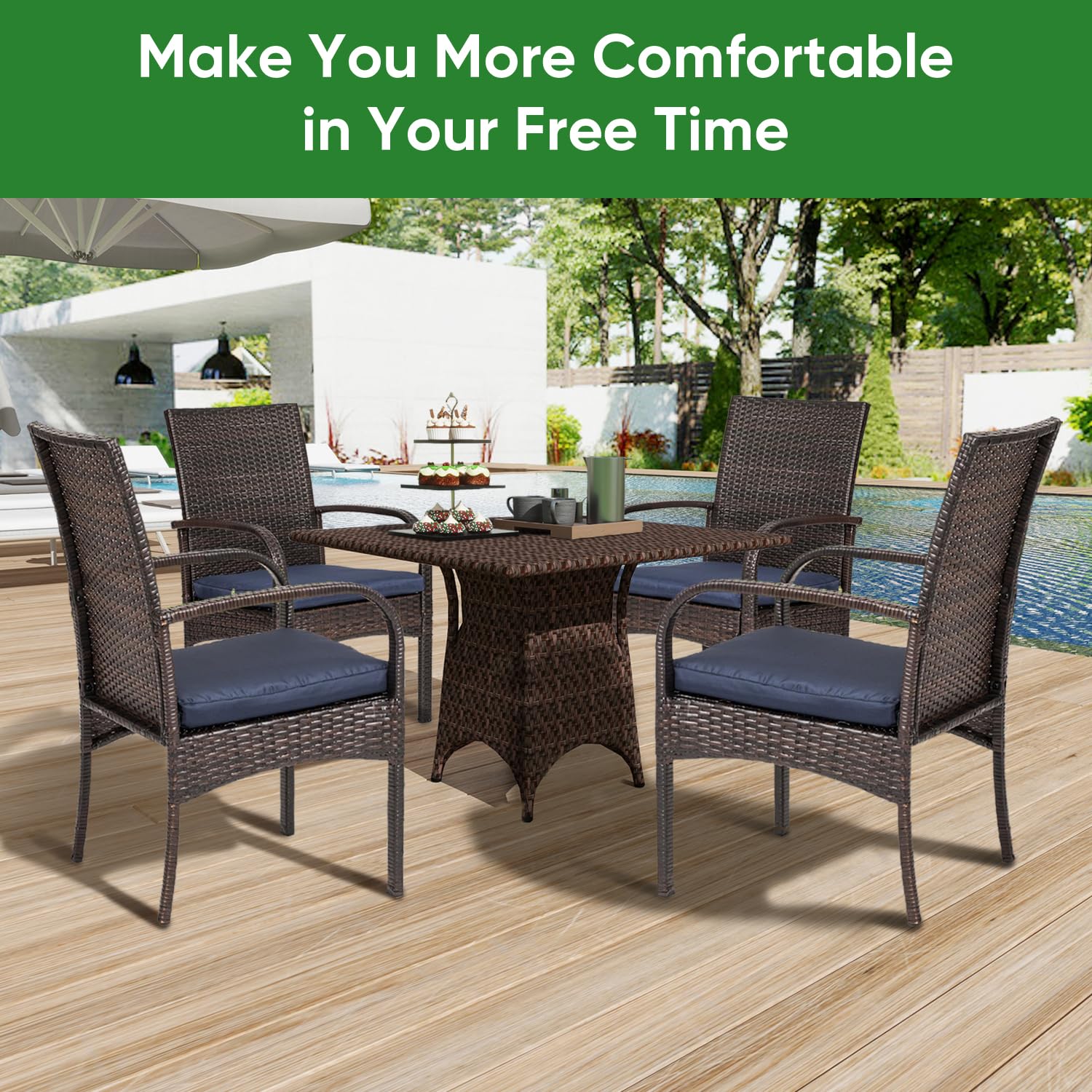 4-Piece Brown Outdoor Wicker Patio Dining Chairs Set with Padded Cushions - High Back Rattan Club Chairs with Deep Seating (350lbs Capacity) - Perfect for Garden, Poolside, Porch & Backyard Relaxation