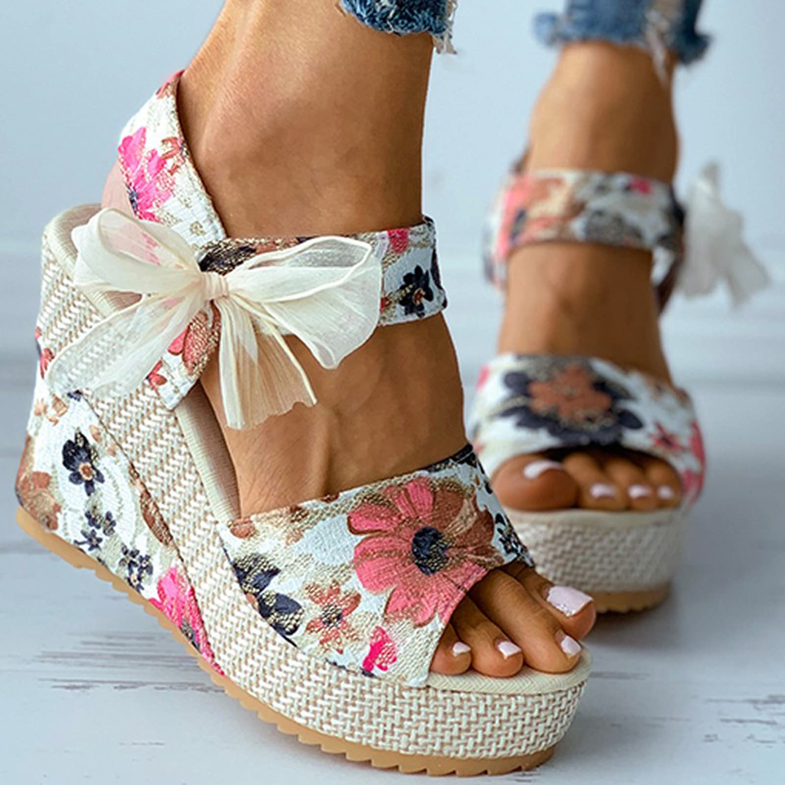 Trendy Women's Open Toe Tie-Up Espadrille Wedge Sandals with Floral Design - Comfortable Slide Wedges for Summer Beach, Vacation & Casual Outfits