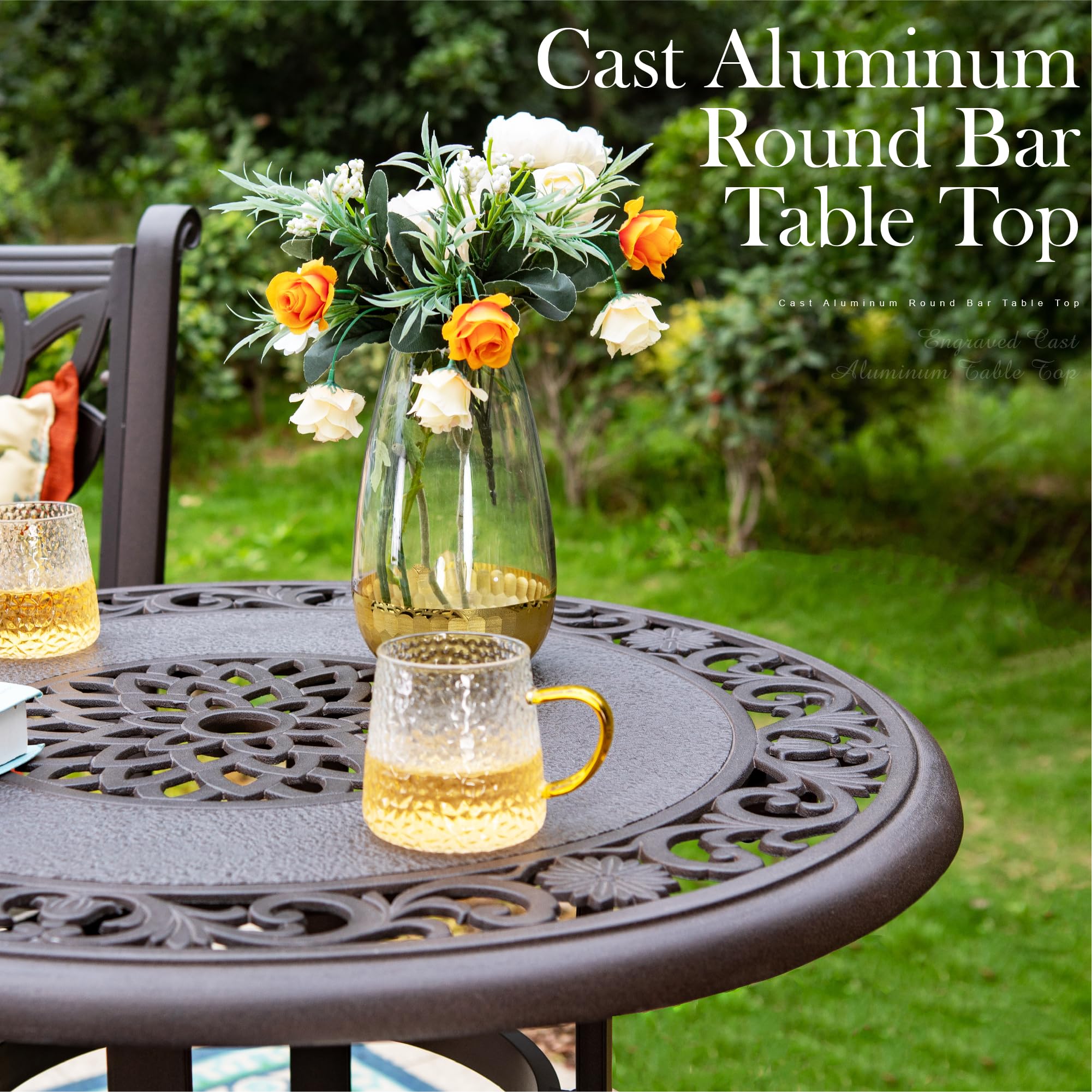 PHI VILLA 3-Piece Outdoor Patio Furniture Set - Swivel Bar Stools & Table, Cast Aluminum Bistro Set for Deck, Lawn, Garden & Backyard - Perfect for Outdoor Dining, Entertaining & Relaxing