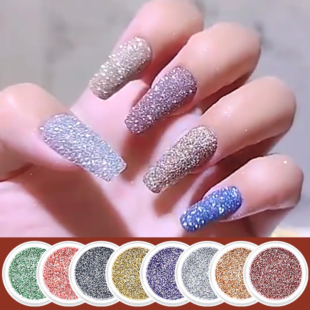 8 Colors Sparkling Crystal Diamond Nail Powder Set with 5-Piece Nail Art Tools - Stainless Steel Dual End Pusher, Nail File Buffer & Glitter Pigment Powder for Professional Manicure & Pedicure | DIY Nail Design, Salon Quality, Home & Professional Use