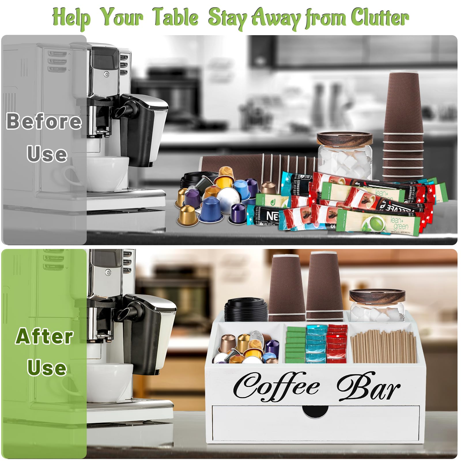 Wooden Coffee Bar Organizer with Drawer - Countertop Storage Basket for Coffee Pods, Tea & Condiments - Farmhouse Style Station Accessories | Perfect for Kitchen, Office & Home Decor