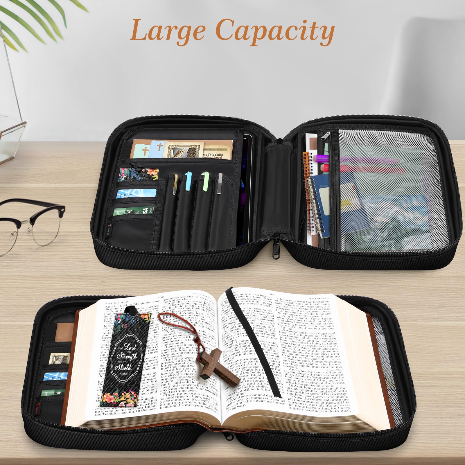 FINPAC Bible Cover with Handle & Zippered Pocket - Floral Black Protective Book Case for Church, Travel & Daily Use - Perfect Gift for Women, Men & Mother - Bible Carrying Bag for Study, Worship & Religious Events