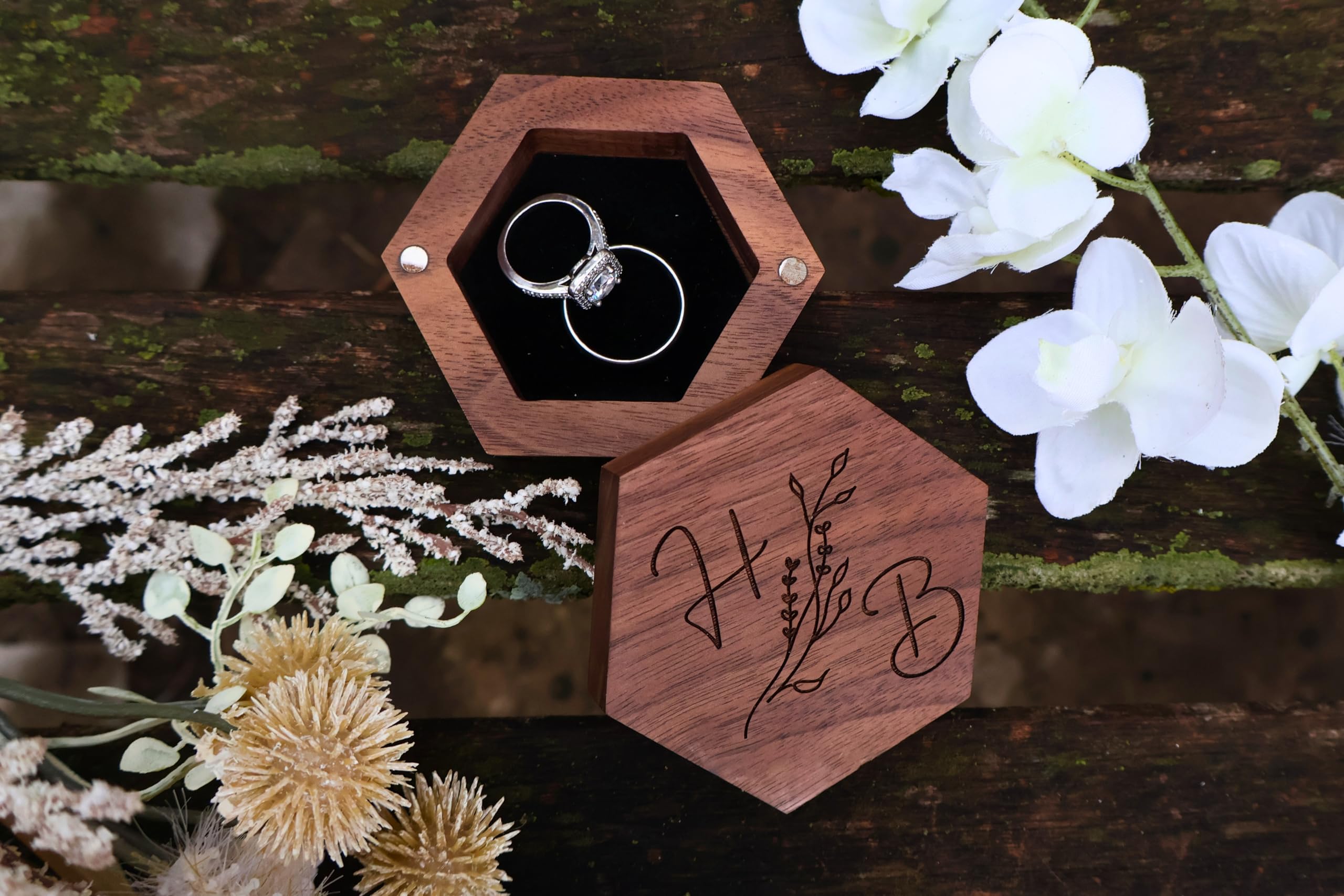 Personalized Wedding Ring Box - Engraved Hexagonal Walnut Wood Ring Holder for Proposal, Engagement & Wedding Ceremonies - Perfect Ring Bearer Gift & Keepsake Box for Couples (Design 11)