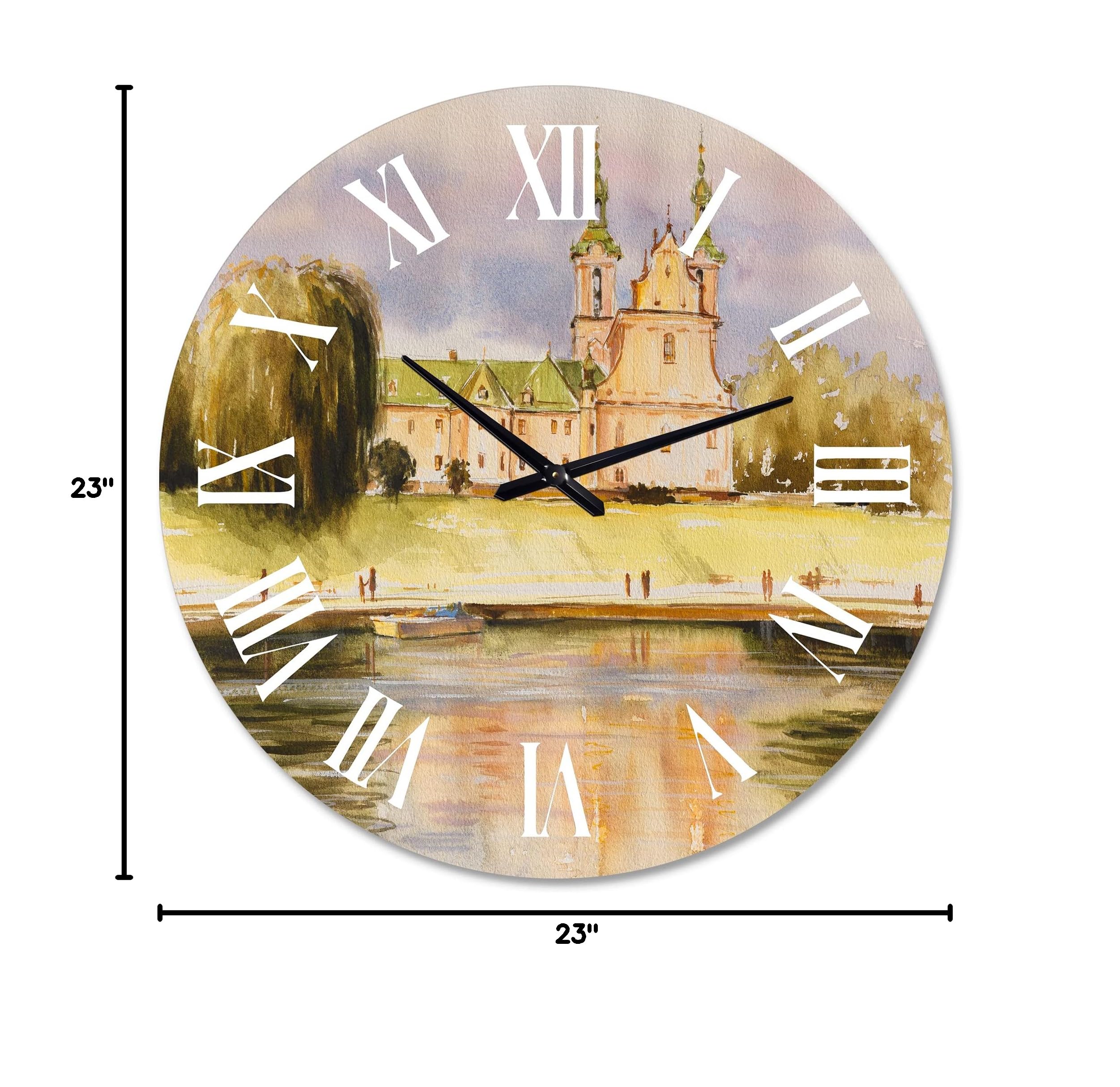 DesignQ Lake House Wall Clock - Historic Church On The Rock Riverbank Landscape - Large Nature Wall Clock for Bedroom, Living Room, Office Decor - Perfect for Farmhouse, Rustic & Coastal Home Decor