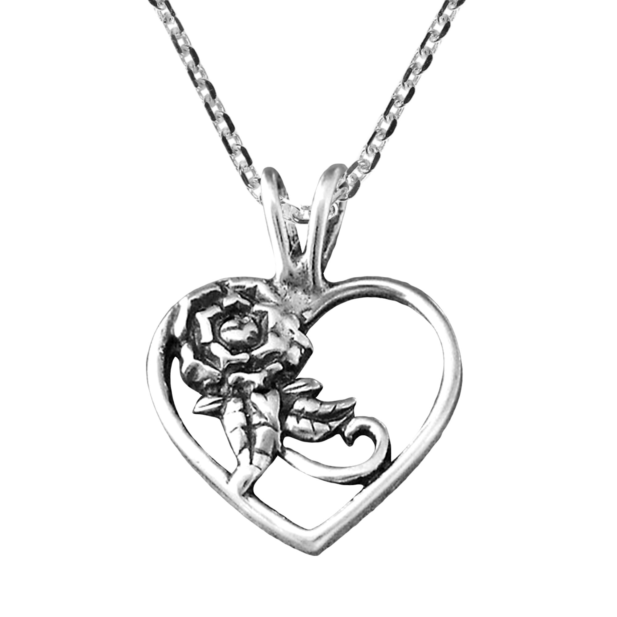 Beautiful .925 Sterling Silver Rose in Heart Pendant Necklace for Women - Perfect Gift for Valentine's Day, Anniversary & Romantic Occasions