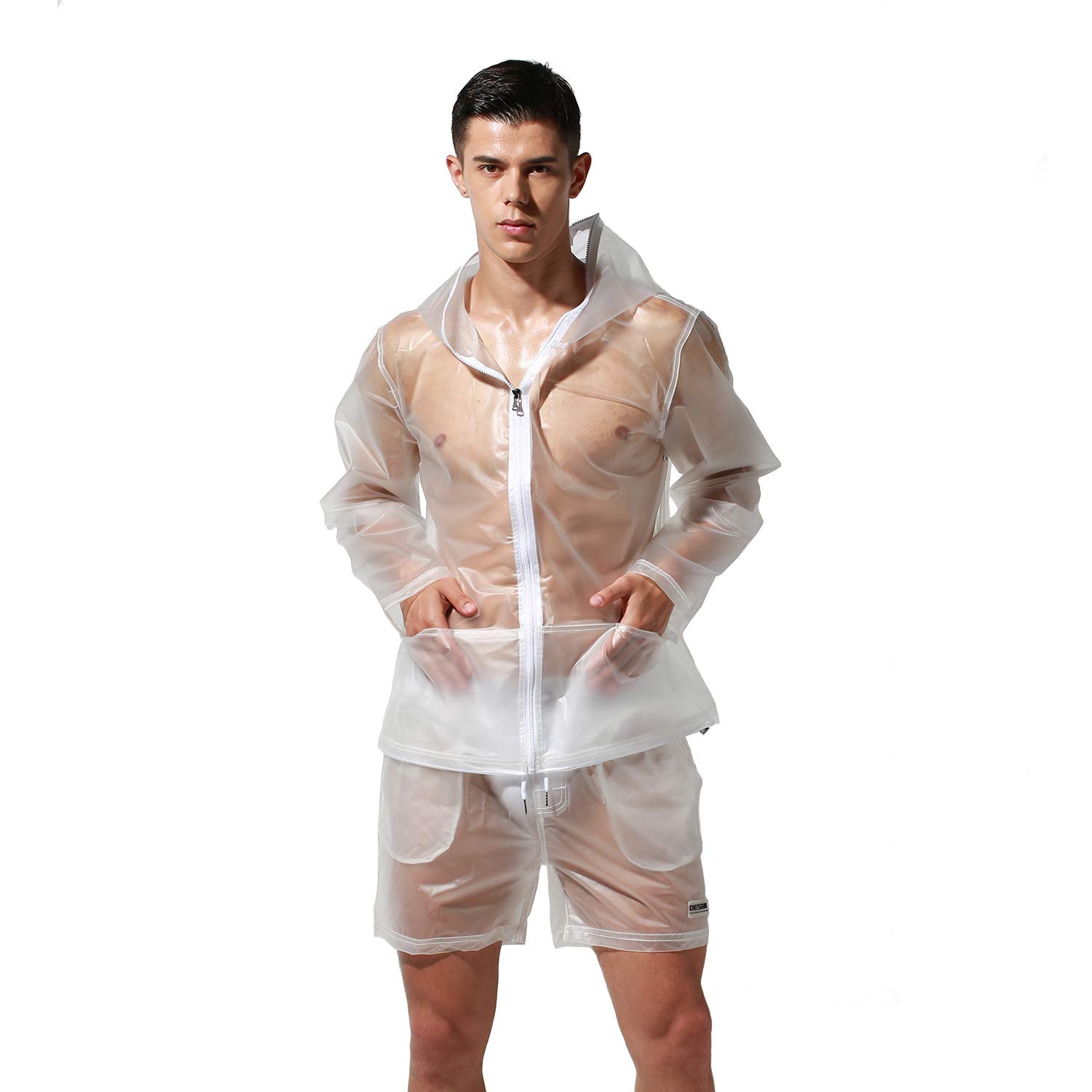 Waterproof Men's PU Raincoat & Shorts Set - Solid Color Fashion Travel Jacket for Outdoor Activities, Hiking, and Commuting