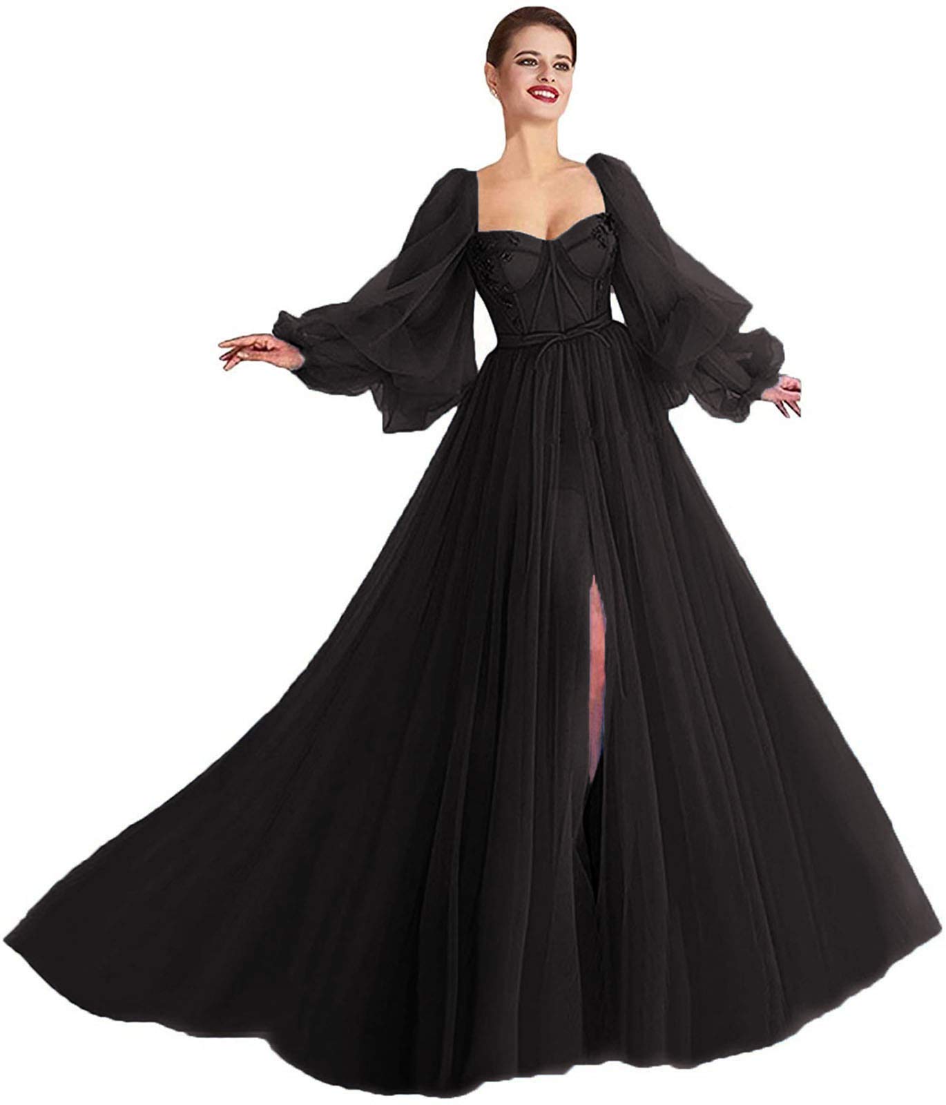 Elegant Women's Long Puffy Sleeve Prom Dress with High Slit & Pleated Tulle Skirt - Formal Evening Gown for Homecoming, Ball, Wedding & Special Occasions