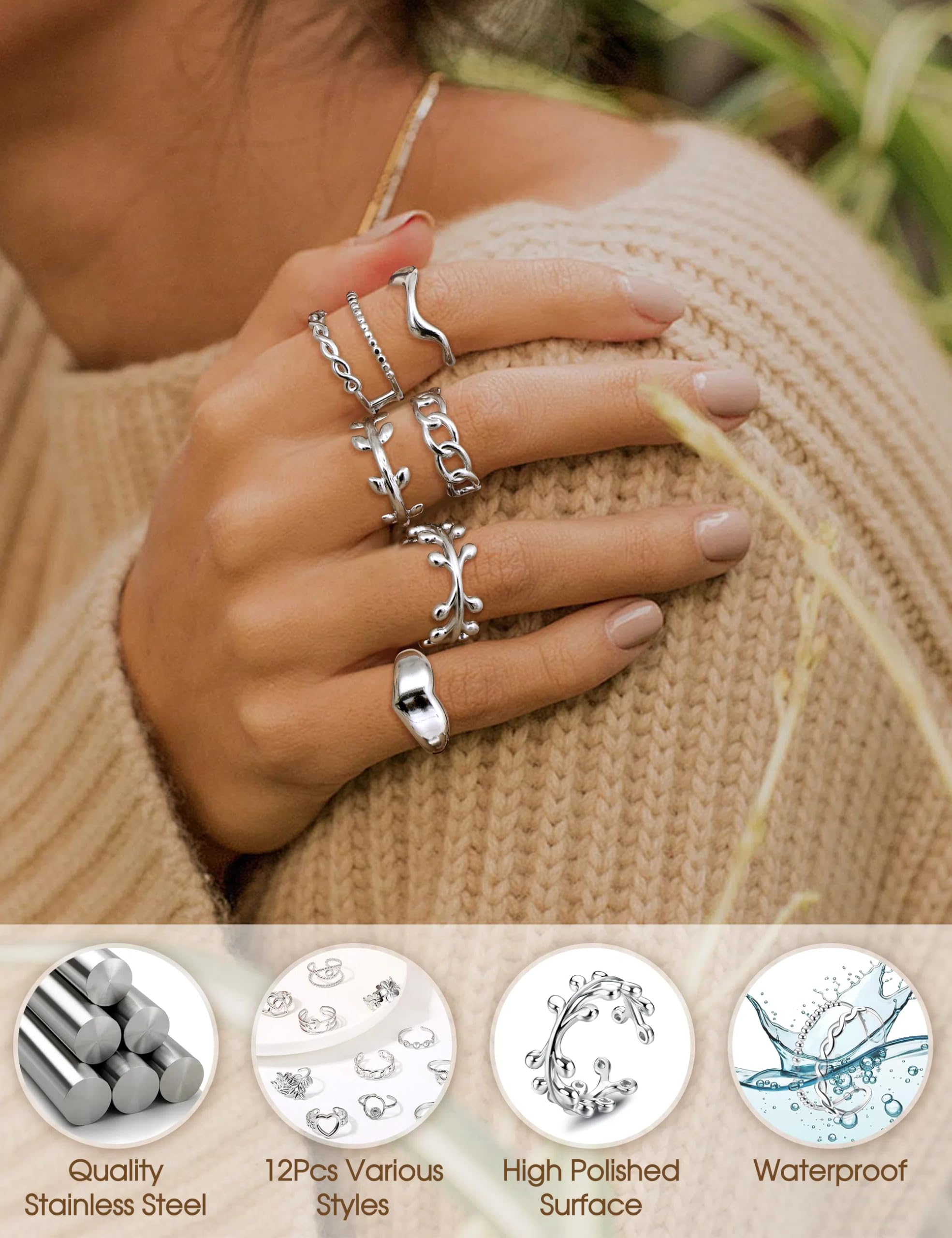12Pcs Stainless Steel Stackable Rings for Women - Silver Aesthetic Adjustable Open Knuckle & Thumb Rings (Size 6-9) - Trendy Indie Jewelry for Everyday Wear, Layering & Boho Fashion