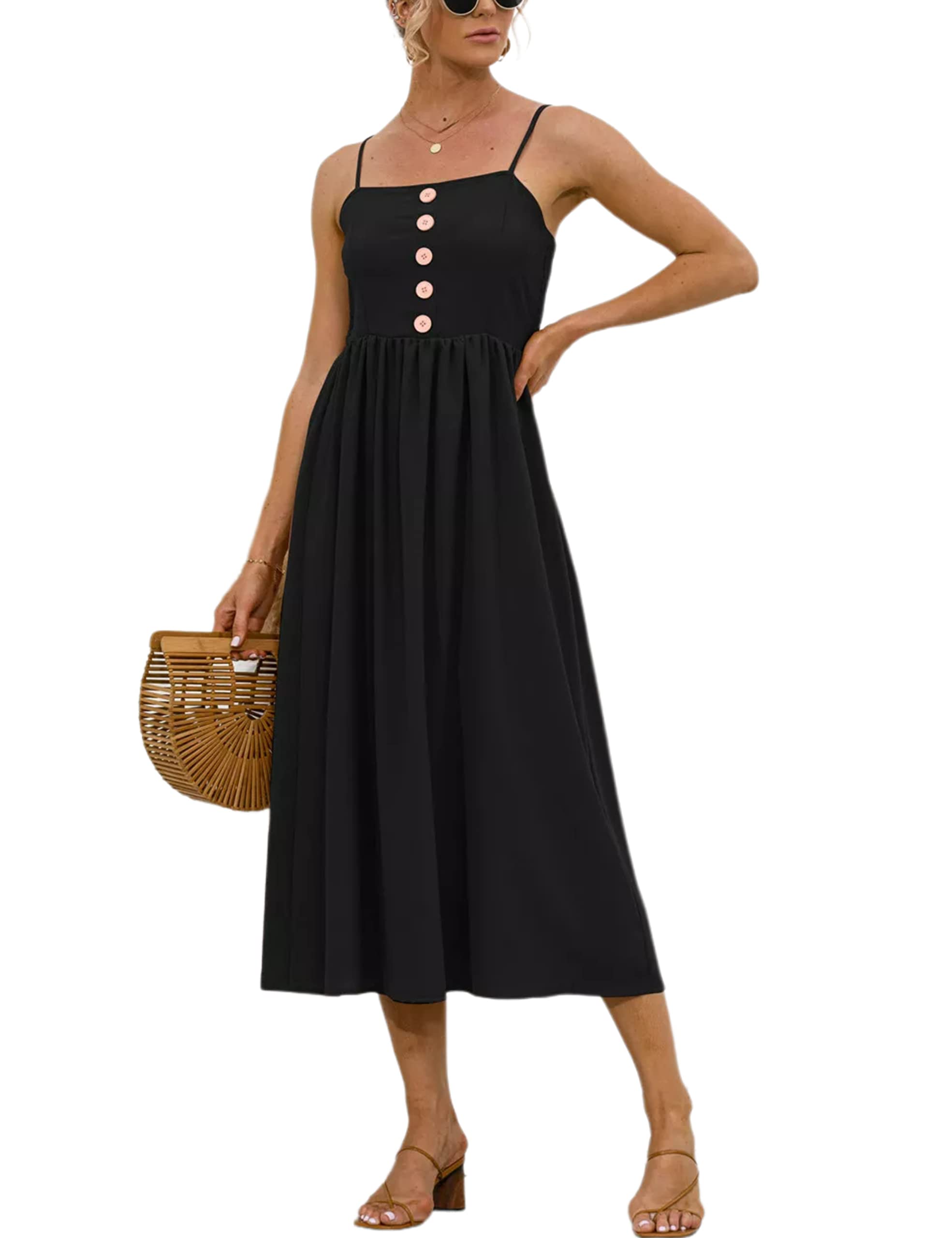 Hathne Women's Summer Spaghetti Strap Sleeveless Beach Dress - Casual Midi Slip Dress for Vacation, Pool Party & Date Night
