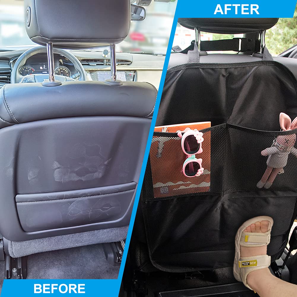 JDMON 2 Pack Universal Car Seat Back Protectors - Durable Waterproof Kick Mats with 2 Reinforced Mesh Storage Pockets & Organizer - Perfect for Kids, Pets & Travel Accessories (Fits Most Vehicles) - Protect Your Seats from Scratches, Spills & Everyday Wear