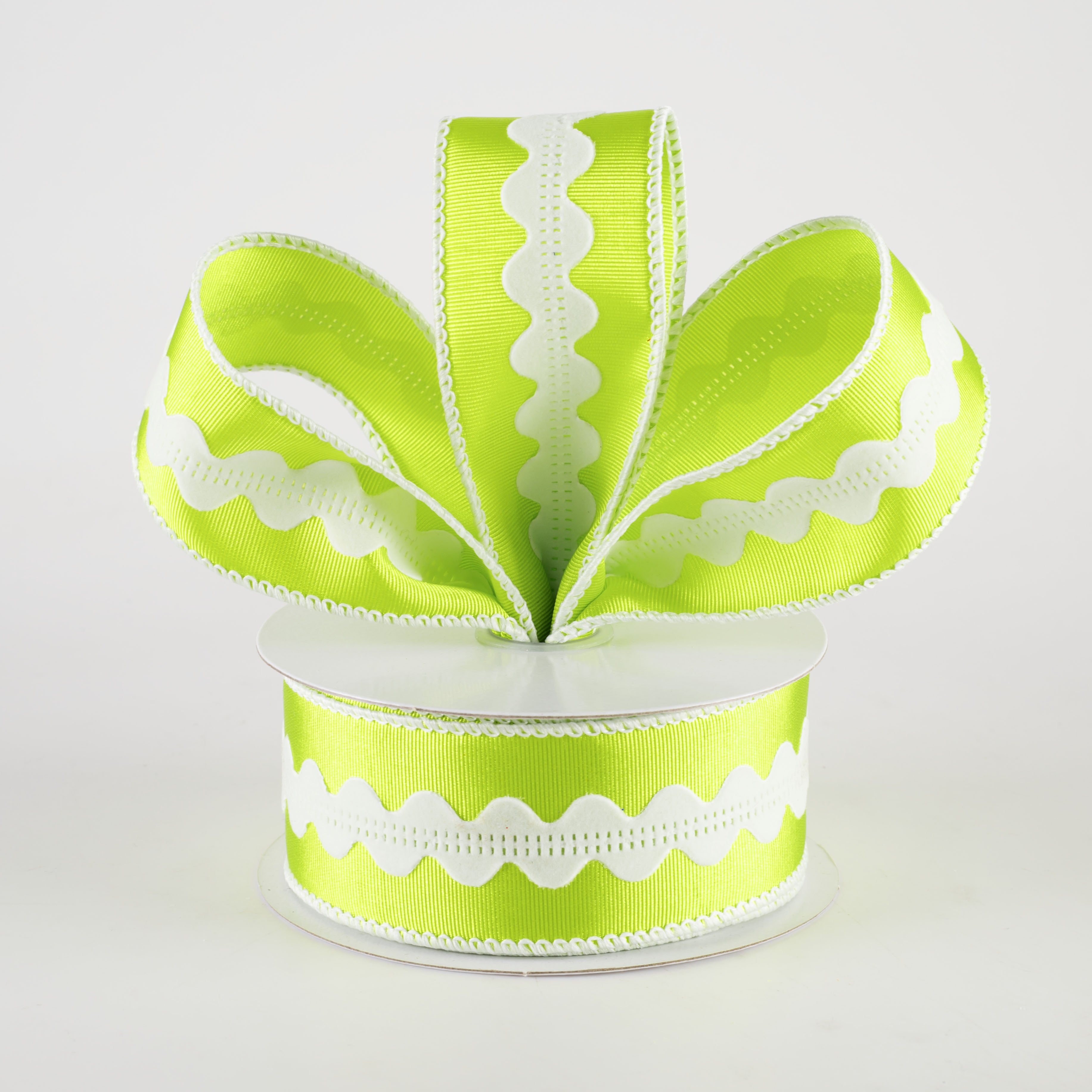 1.5 Inch Ric Rac Center Ribbed Satin Ribbon - Lime Green & White (10 Yards) for DIY Crafts, Gift Wrapping, Hair Bows and Scrapbooking