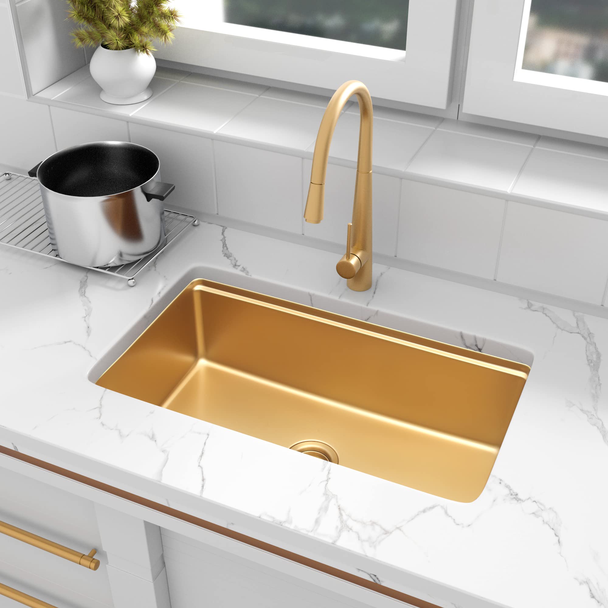 32×18 Inch Gold Undermount Stainless Steel Kitchen Sink - Single Bowl Workstation with Strainer for Modern & Farmhouse Style Kitchens