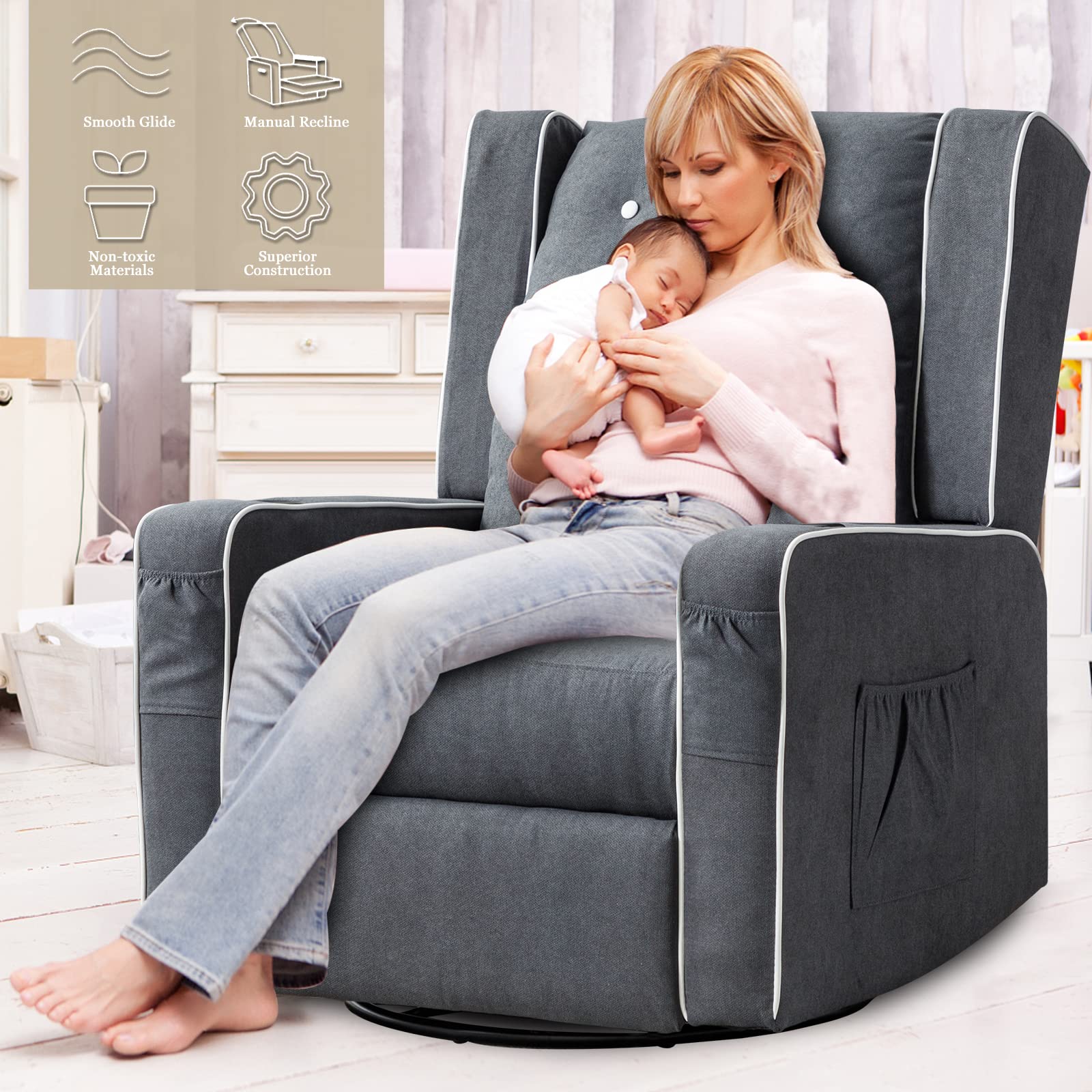 Swivel Rocker Recliner Chair - Upholstered Nursery Glider with Cup Holders | Manual Reclining Rocking Chair for Baby Room, Living Room & Bedroom | Perfect for Nursing, Relaxing & Reading