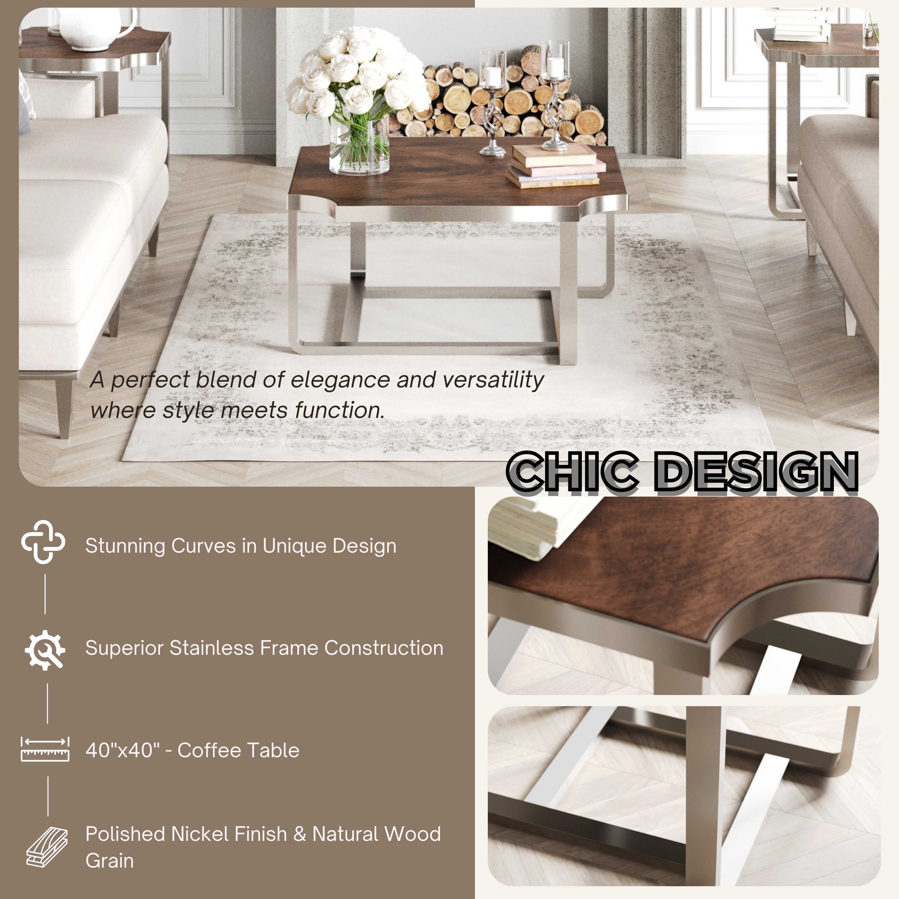 Roundhill Furniture Ruffin 40x40 Square Cocktail Coffee Table - Brown Wooden End Table for Living Room, Lounge & Office Decor