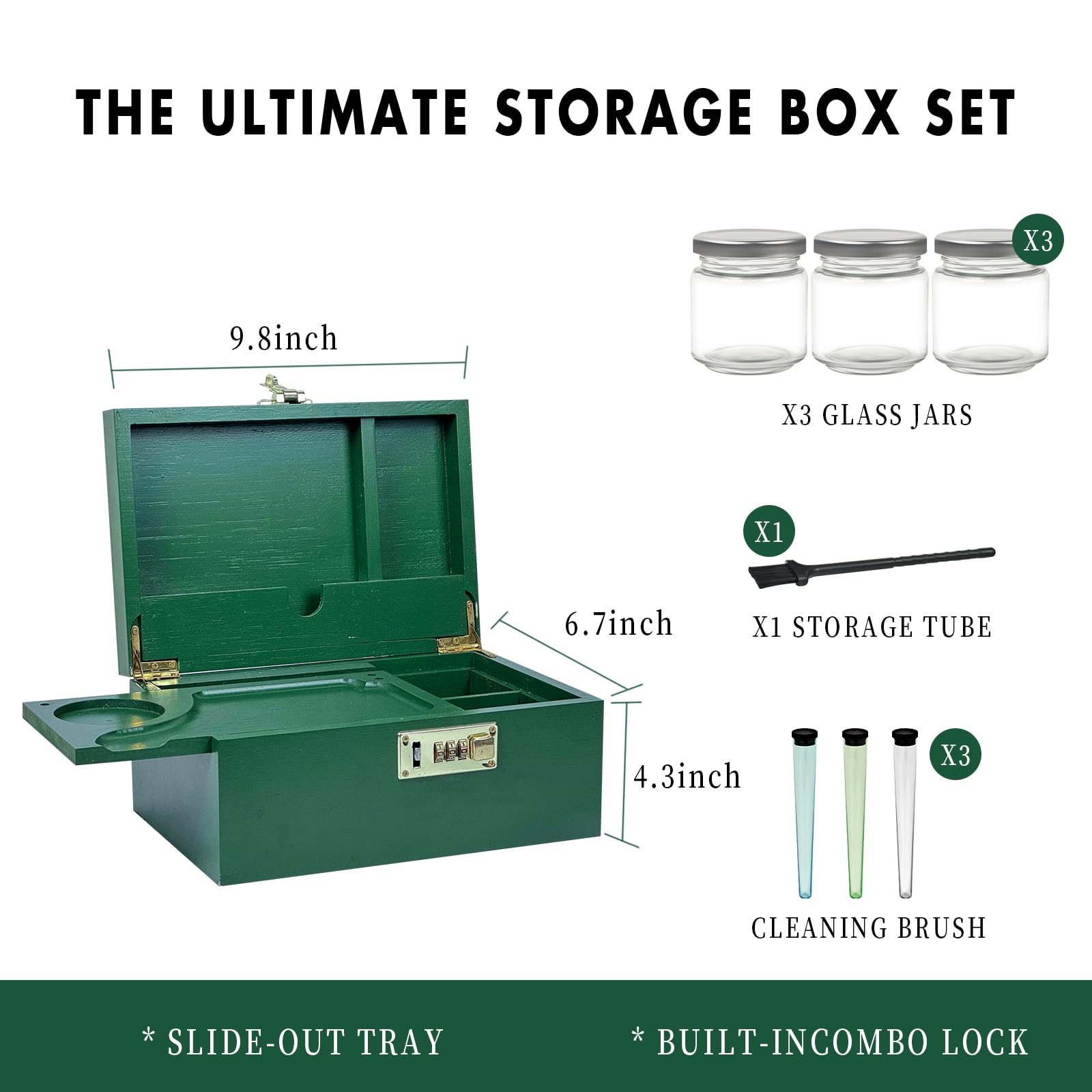 Premium Bamboo Stash Box with 3 Airtight Glass Jars - Portable Lockable Storage Container for Herbs, Spices & Valuables (Green) | Perfect for Travel, Home Organization & Cannabis Storage