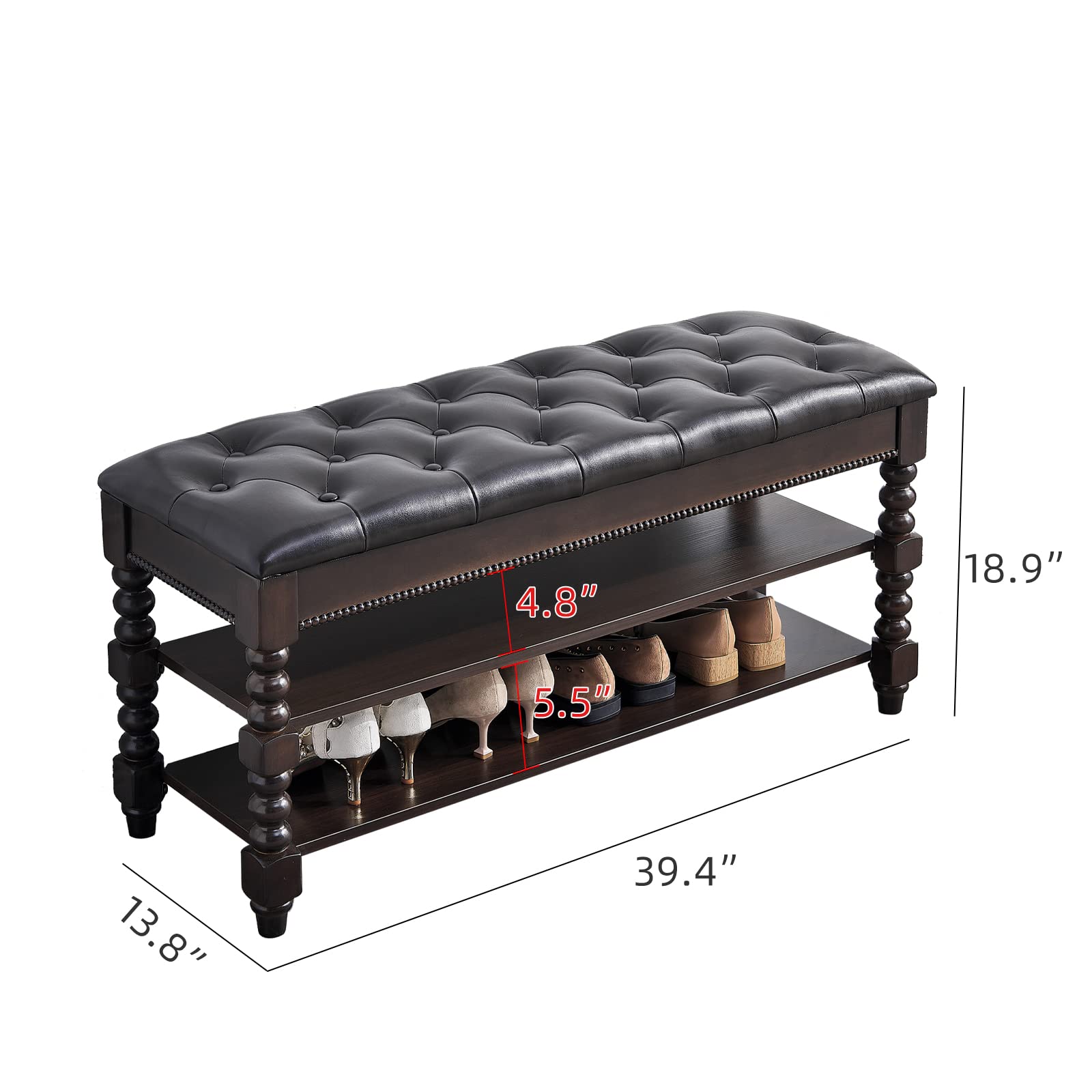 Solid Wood Shoe Storage Bench with Cushion - 39.4