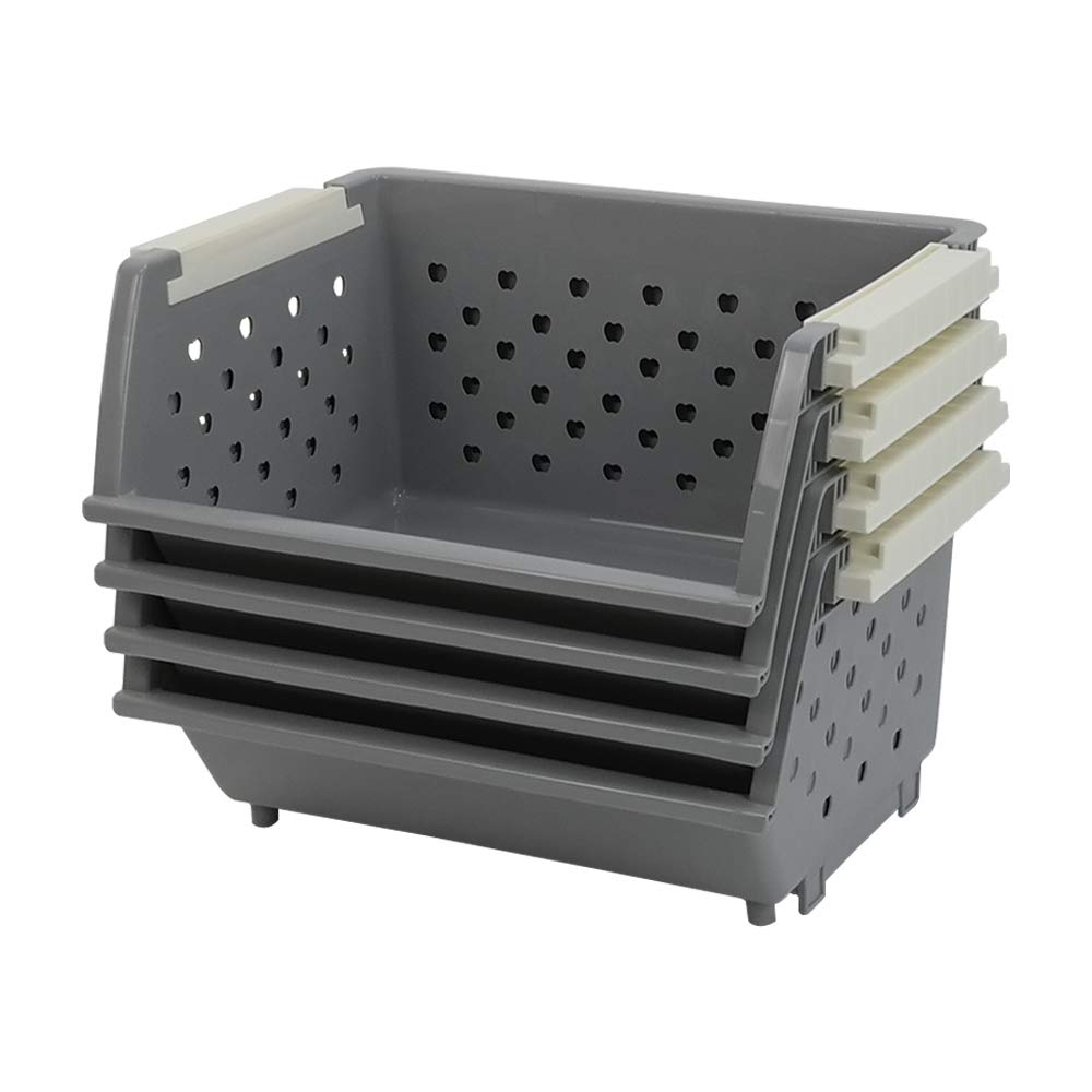 4-Tier Plastic Kitchen Stacking Basket - Space-Saving Storage Organizer for Pantry, Bathroom & Laundry (Grey) - Perfect for Fruits, Vegetables, Toys & Closet Organization