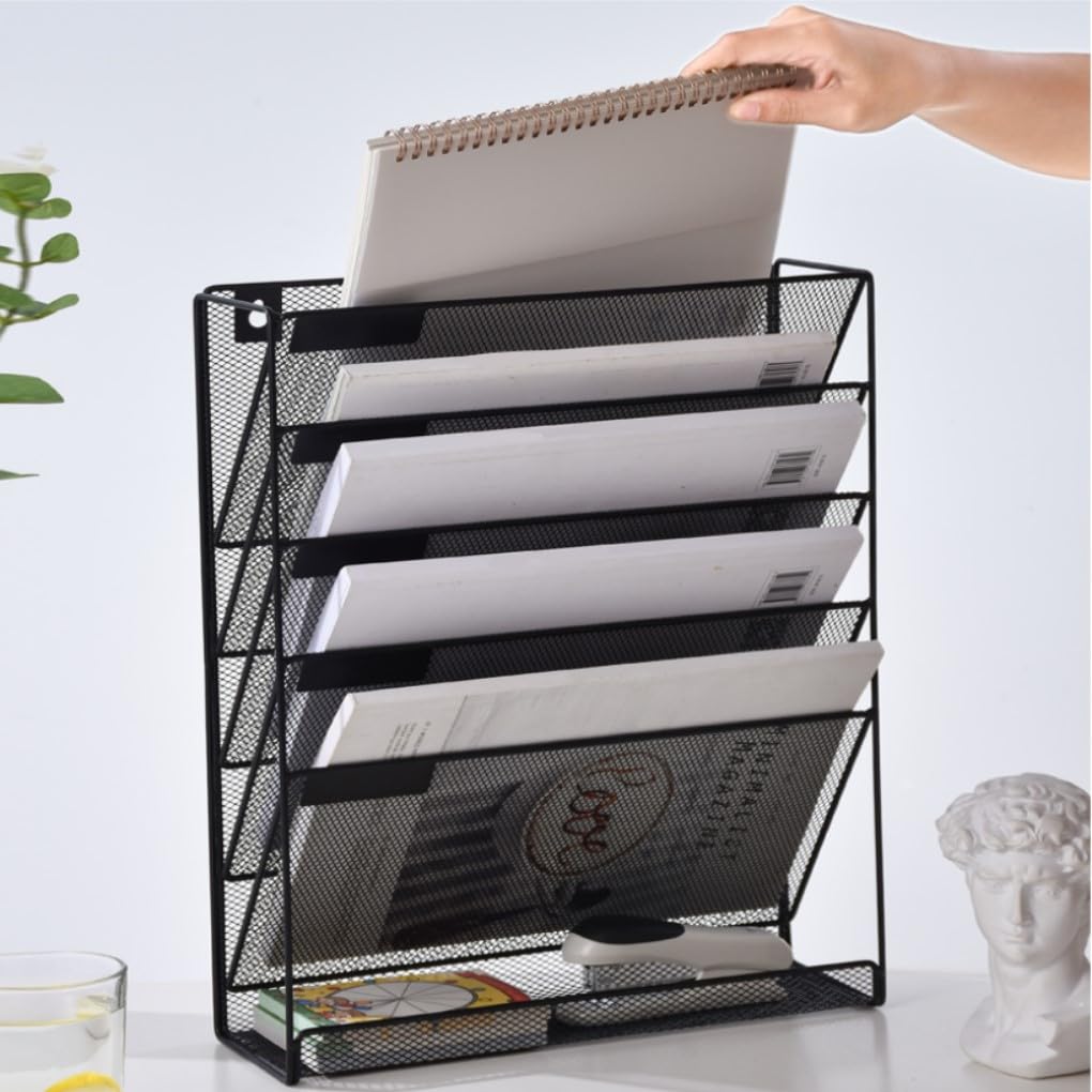 Kuntine.B 6-Tier Wall Mount File Organizer - Space Saving Hanging File Holder for Office, Home & Cubicle - Perfect for Documents, Mail & Office Supplies (Black)