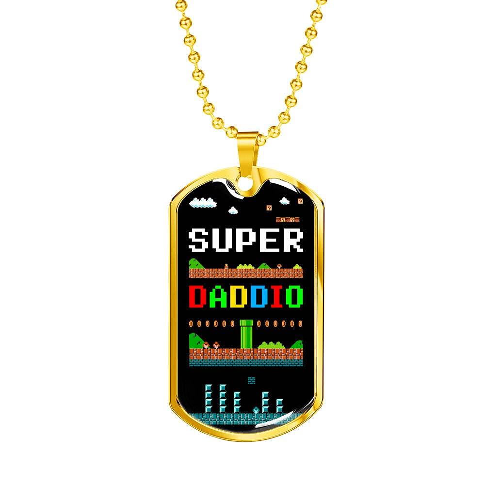 Super Daddio Dog Tag Pendant Necklace - Funny Gaming Dad Gift for Father's Day, Birthday & Gamer Appreciation - Perfect for Gamers, Dads & Military Style Lovers