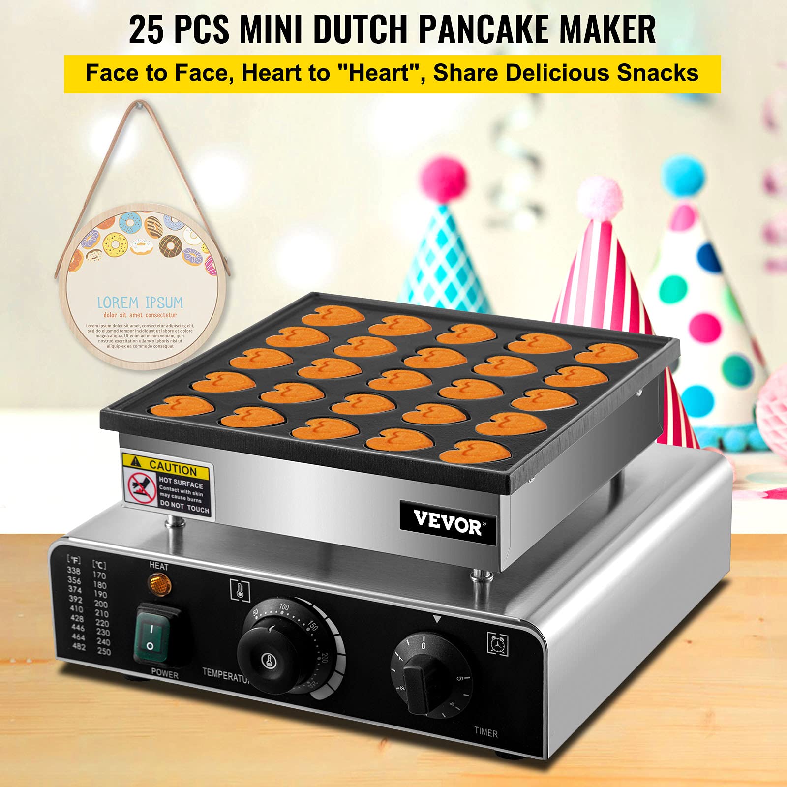 VEVOR 850W Electric Mini Dutch Pancake Maker - Heart-Shaped Commercial Proffertjes Muffin Waffle Machine, 25PCs Capacity, 110V for Kitchen, Bakery, Snack Bar | Perfect for Breakfast, Brunch, Desserts & Party Food Preparation