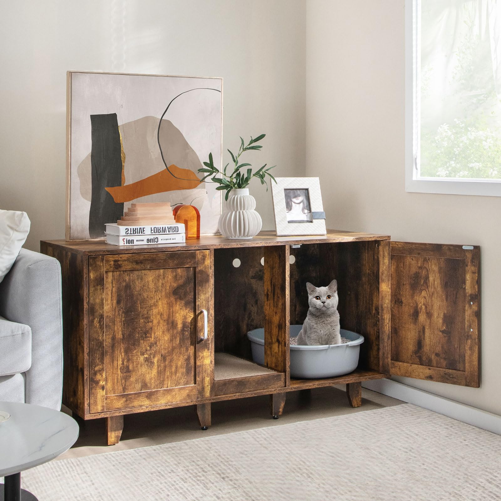 Tangkula Double Cat Litter Box Enclosure for 2 Cats - Large Stackable Hidden Litter Box Cabinet with Scratching Board - Rustic Brown Cat Furniture for Indoor Use | Perfect for Living Room, Bedroom or Home Office Concealment