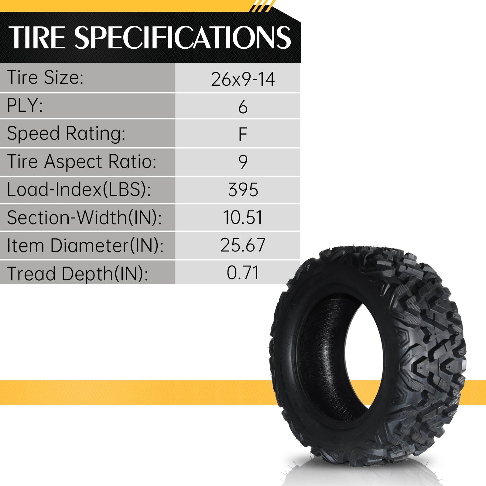 SUNROAD 4-Pack ATV/UTV Sport Tires - 26x9.00-14 Front & 26x11.00-14 Rear 6-Ply All-Terrain Tubeless Tires (26x9x14 & 26x11x14) for Off-Roading, Mudding & Trail Adventures